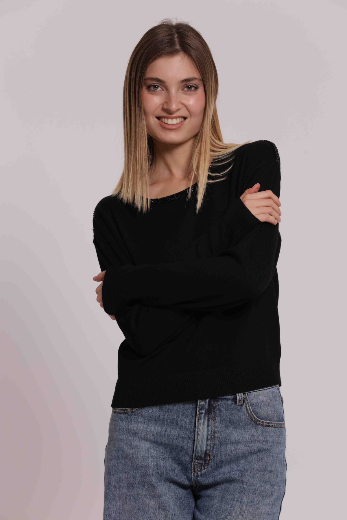 MIMI MUA FIRENZE-MAGLIA SCOLLO TONDO CON DETTAGLI PERLINE