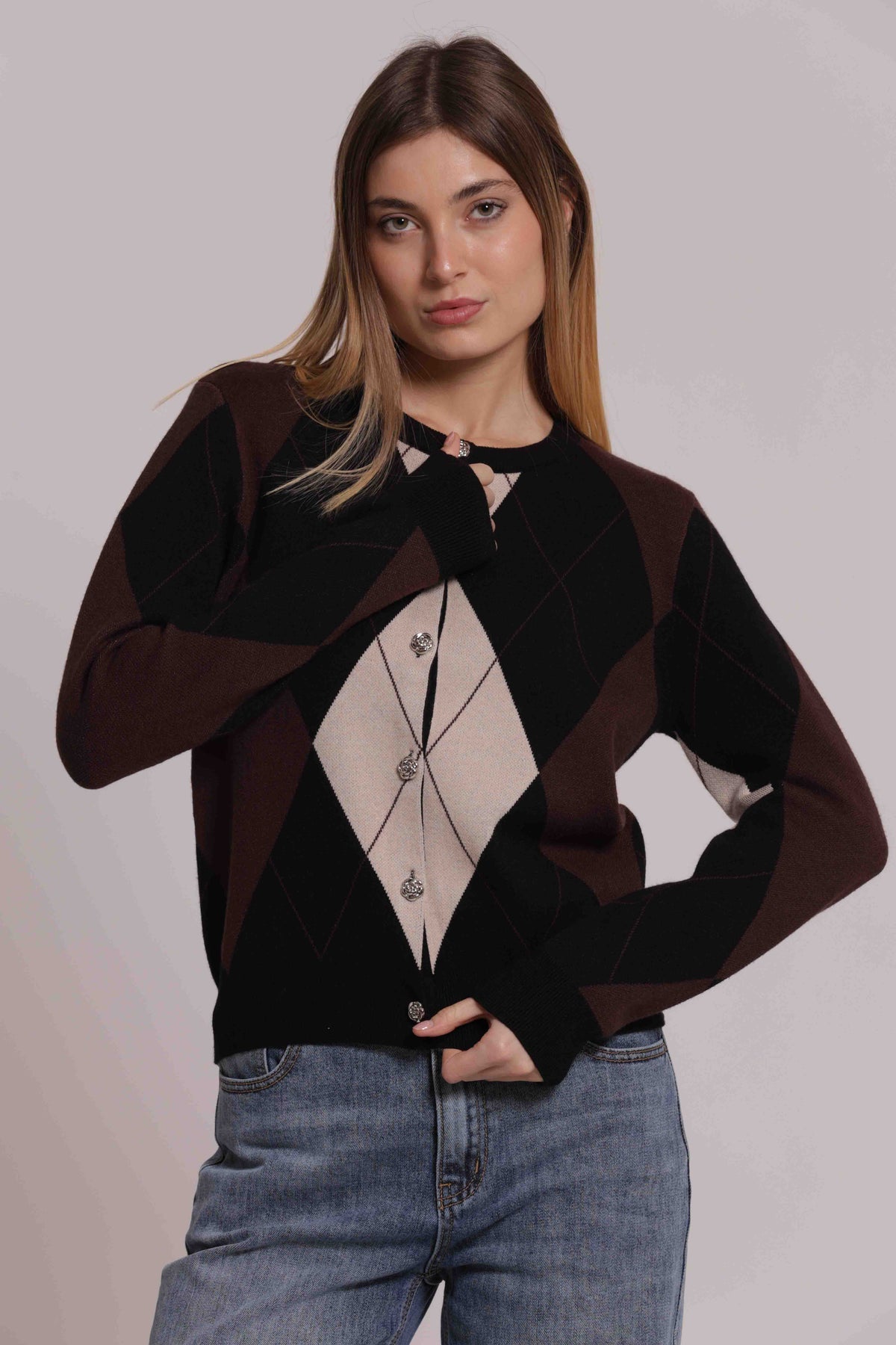 MIMI MUA FIRENZE-MAGLIA CARDIGAN GEOMETRICO CON BOTTONI GIOIELLO
