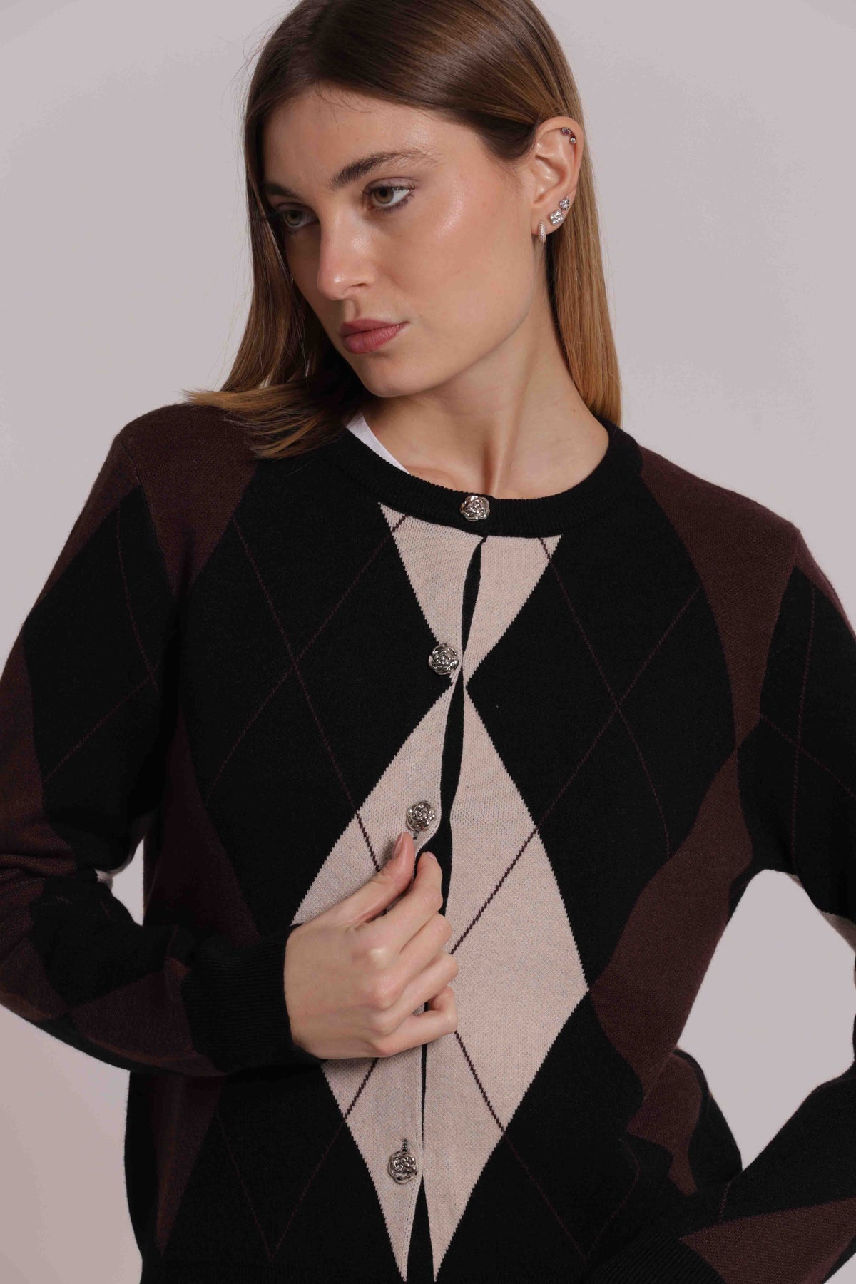 MIMI MUA FIRENZE-MAGLIA CARDIGAN GEOMETRICO CON BOTTONI GIOIELLO
