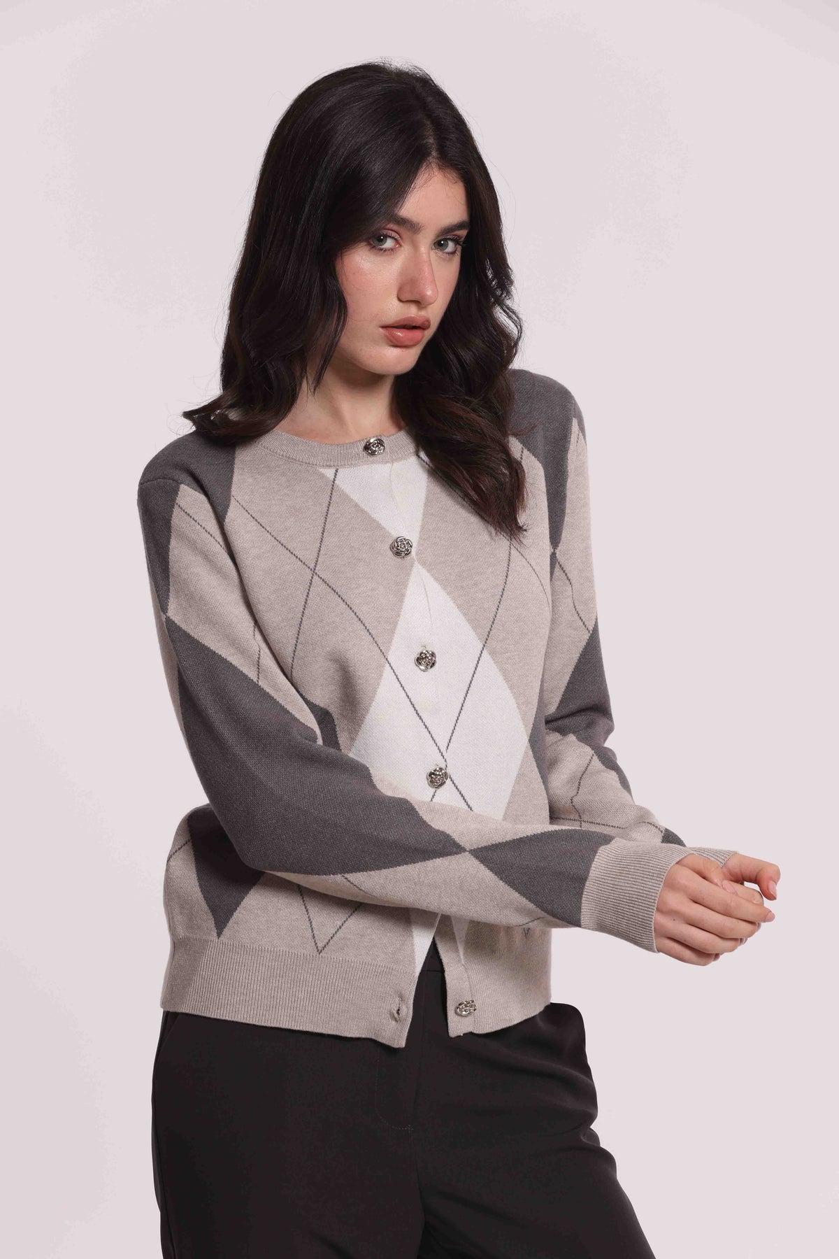 MIMI MUA FIRENZE-MAGLIA CARDIGAN GEOMETRICO CON BOTTONI GIOIELLO