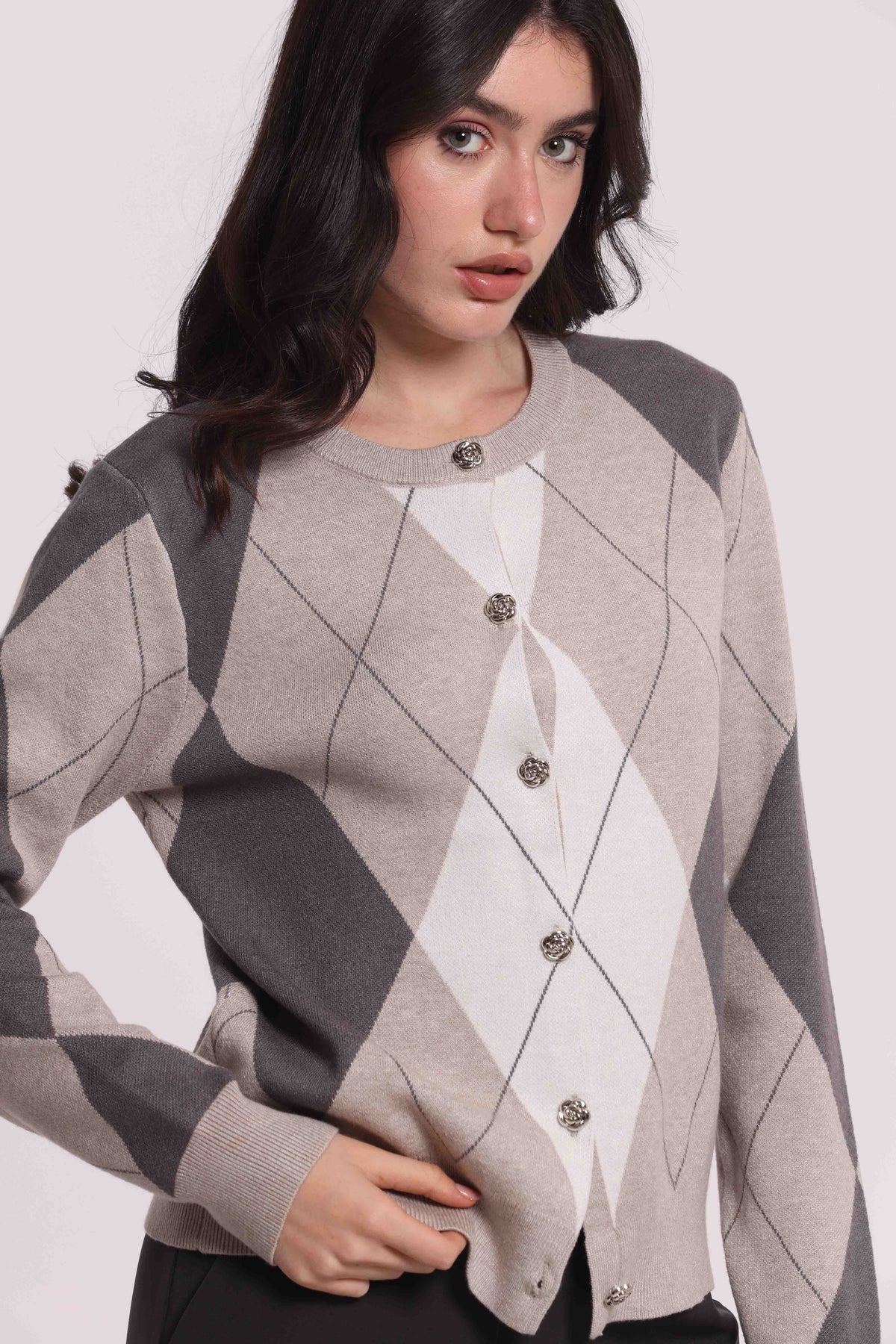MIMI MUA FIRENZE-MAGLIA CARDIGAN GEOMETRICO CON BOTTONI GIOIELLO