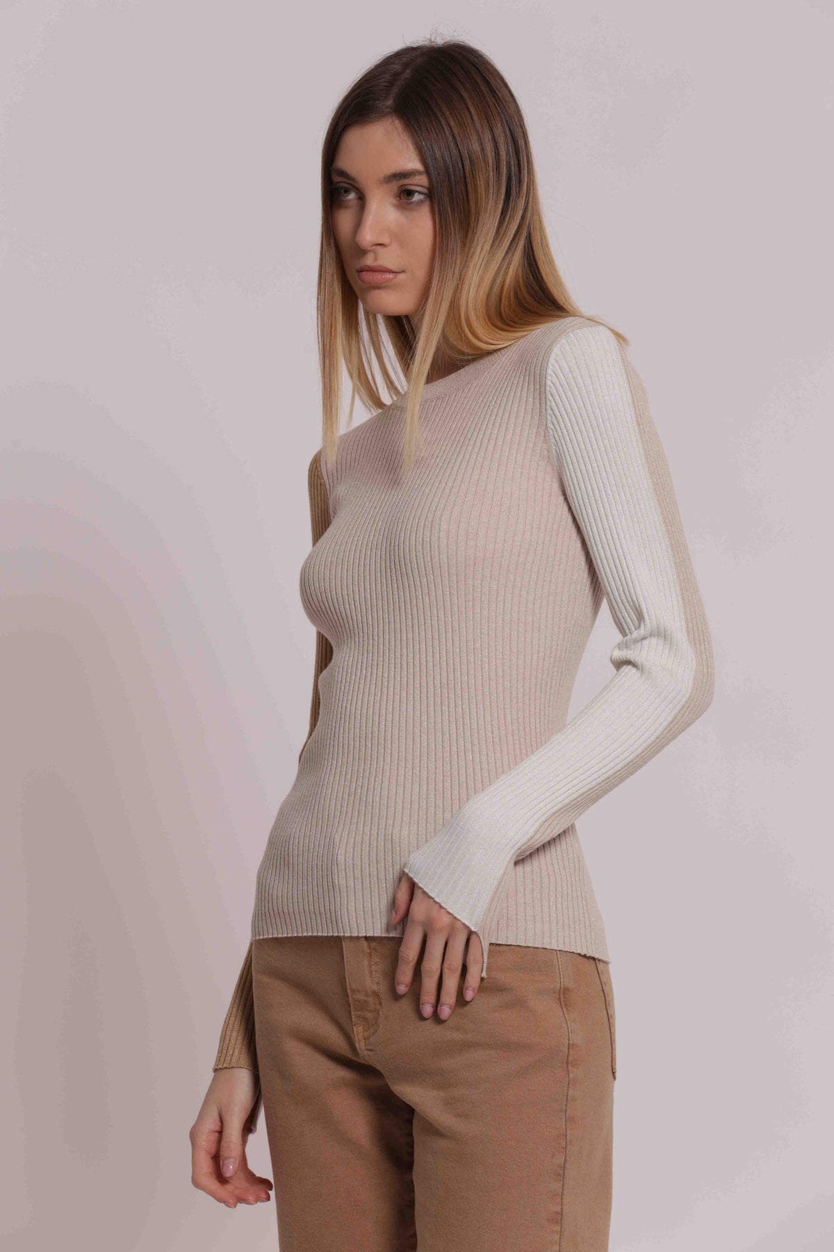 MIMI MUA FIRENZE-MAGLIA SCOLLO CON MANICHE BICOLOR