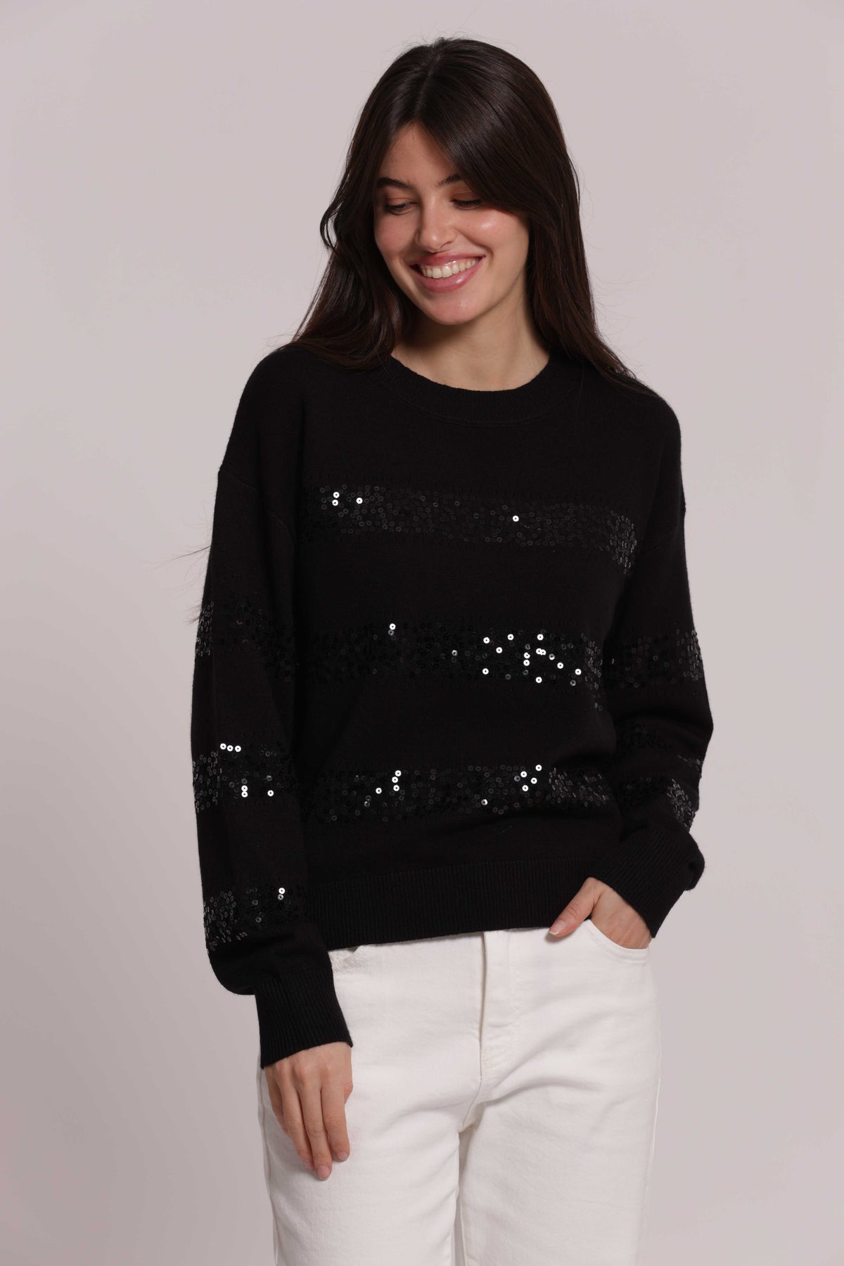 MIMI MUA FIRENZE-MAGLIA SCOLLO TONDO CON RIGHE IN PAILLETTES