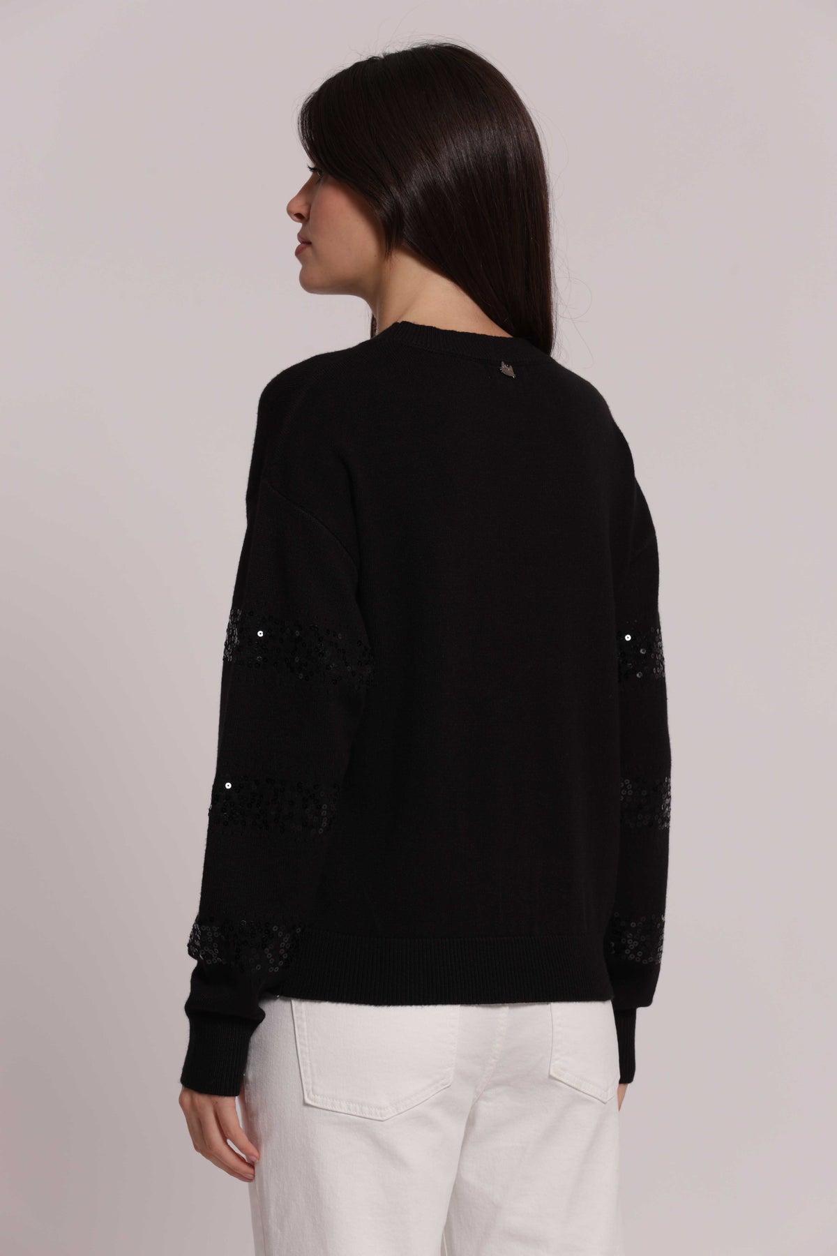 MIMI MUA FIRENZE-MAGLIA SCOLLO TONDO CON RIGHE IN PAILLETTES