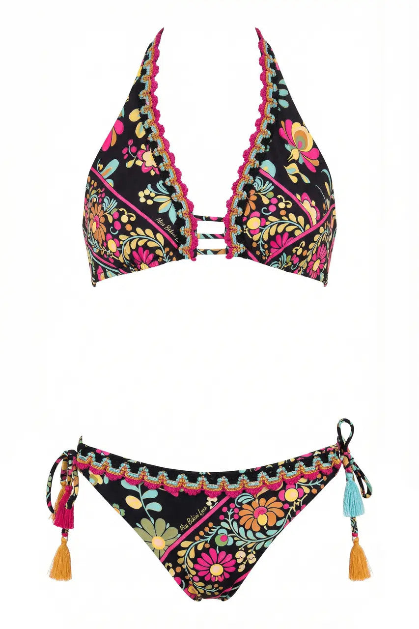 BIKINI TOP A VELA FLOREALE E RICAMI IN PIZZO E SLIP REGULAR