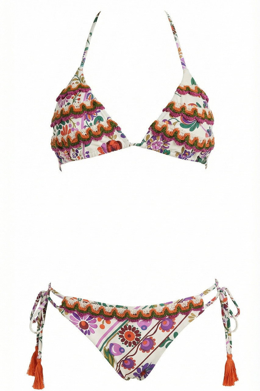 BIKINI TRIANGOLO FLOREALE RICAMI IN PIZZO E SLIP BRASILIANA
