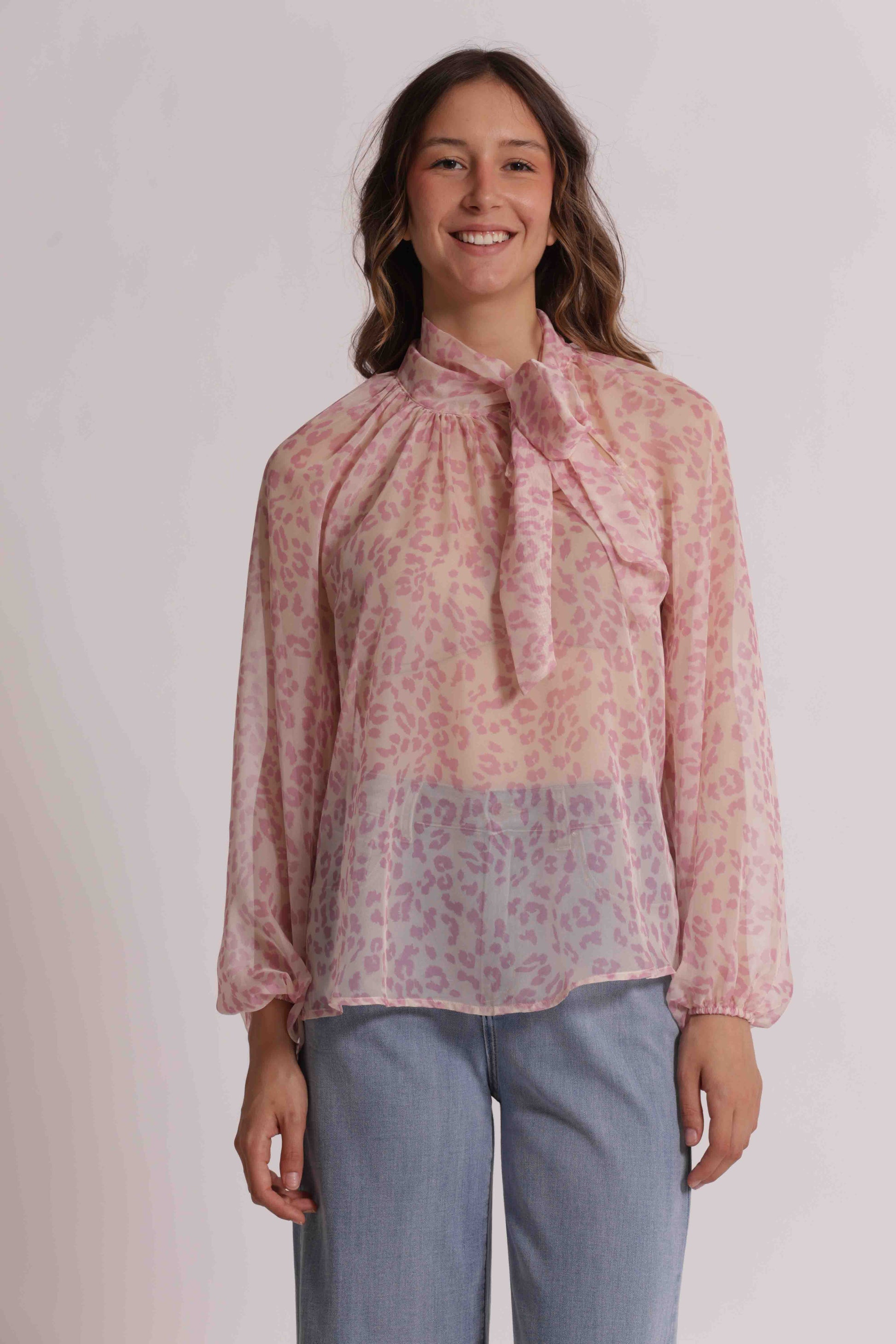 ANIMAL PRINT BLOUSE WITH BOW
