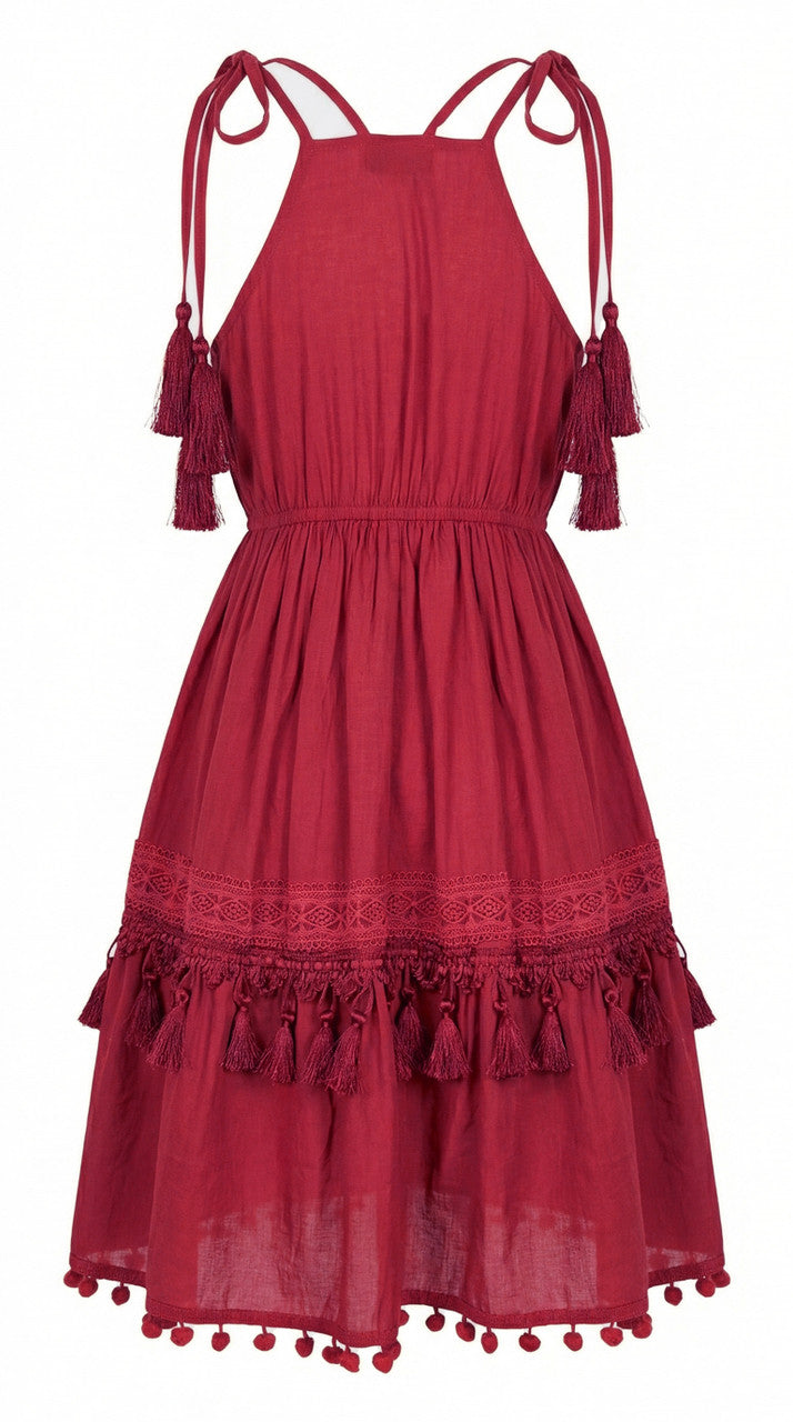 Minidress con ricami tono su tono e nappe