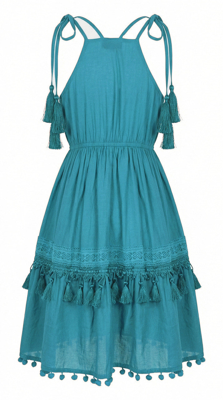 Minidress con ricami tono su tono e nappe