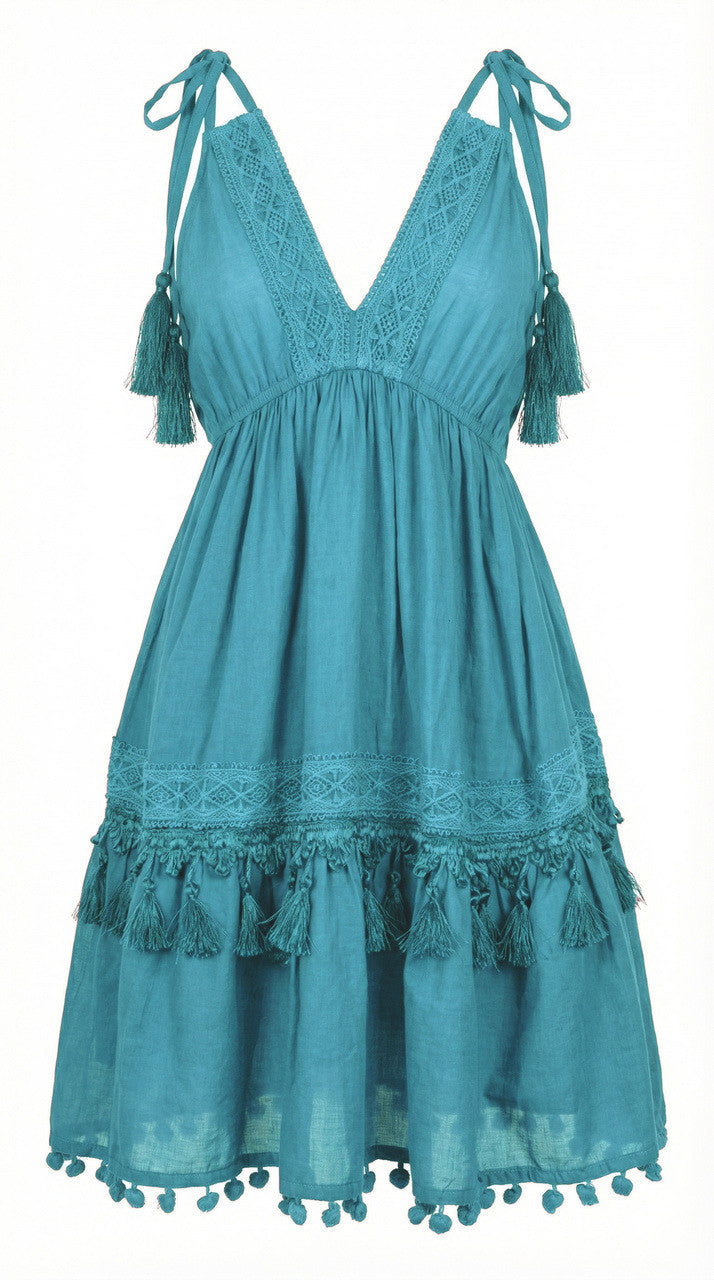 Minidress con ricami tono su tono e nappe