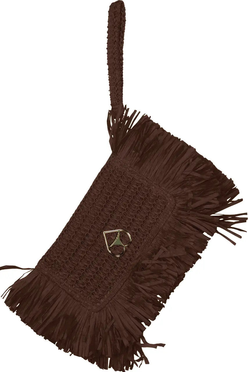 Pochette in rafia intrecciata con frange