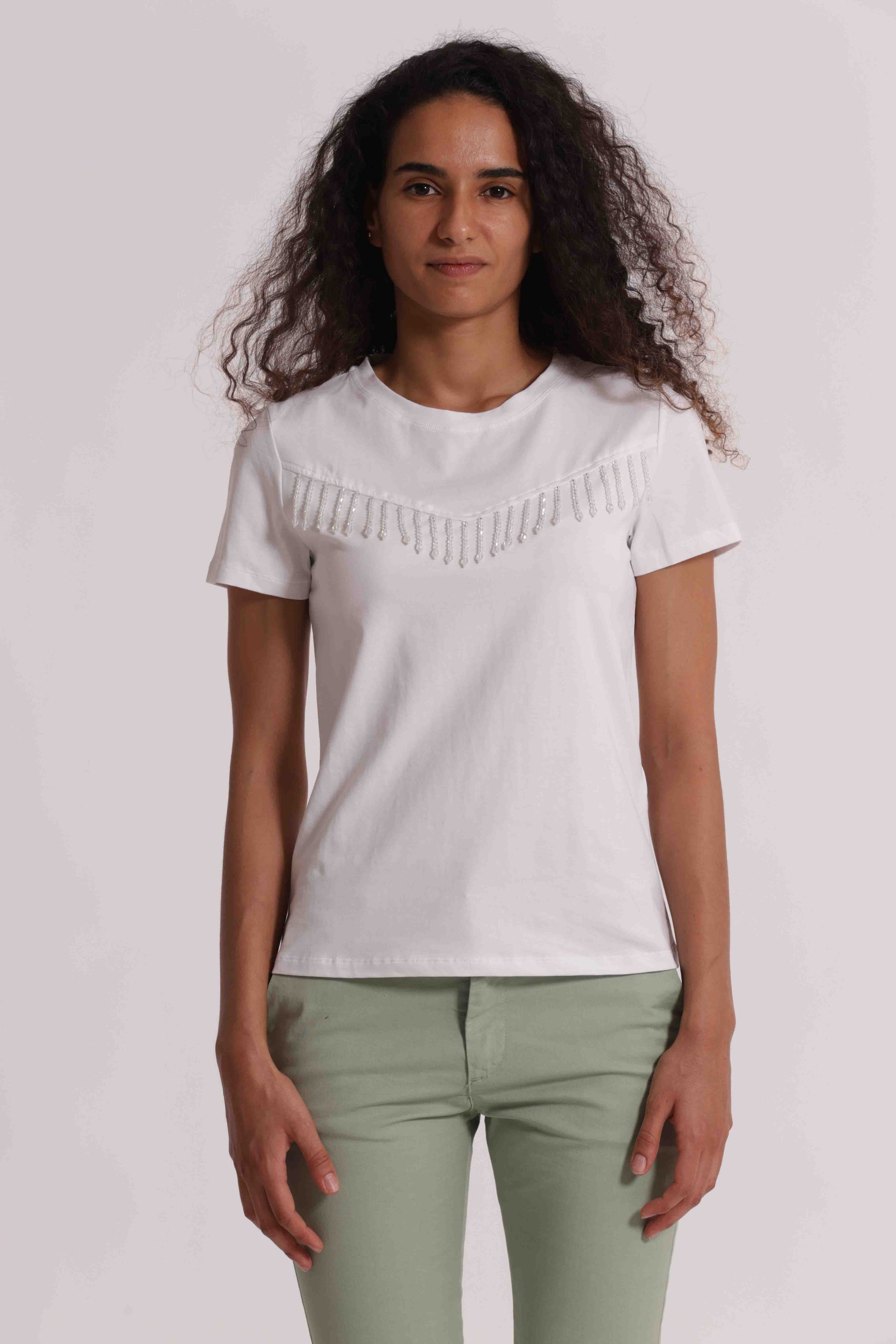 T-SHIRT CON FRANGE DI PERLINE
