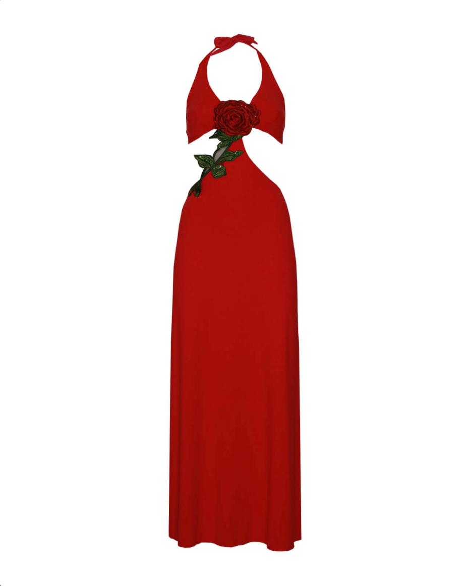 ABITO LUNGO CON FIORE STRASS