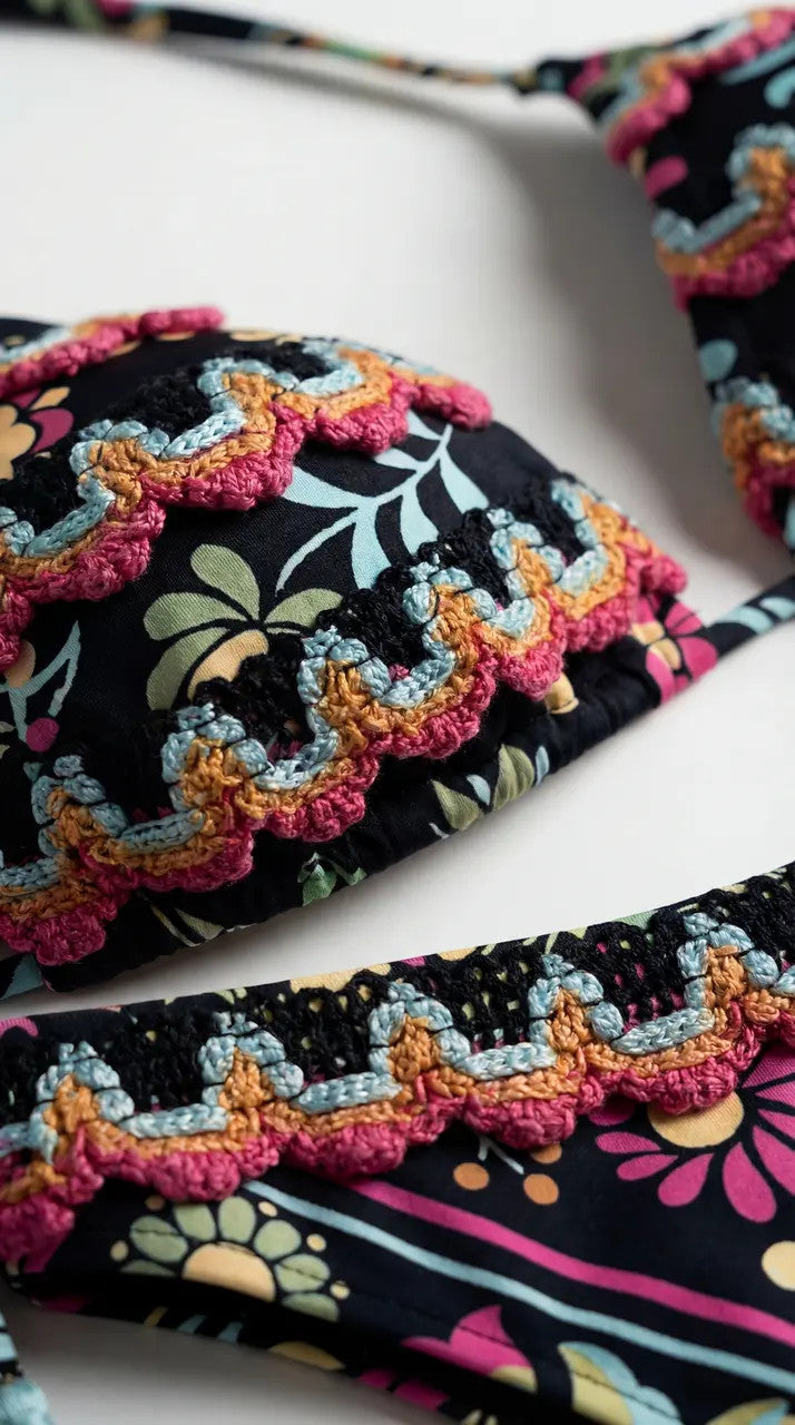 FLORAL TRIANGLE BIKINI WITH LACE EMBROIDERY AND BRAZILIAN BRIEFS
