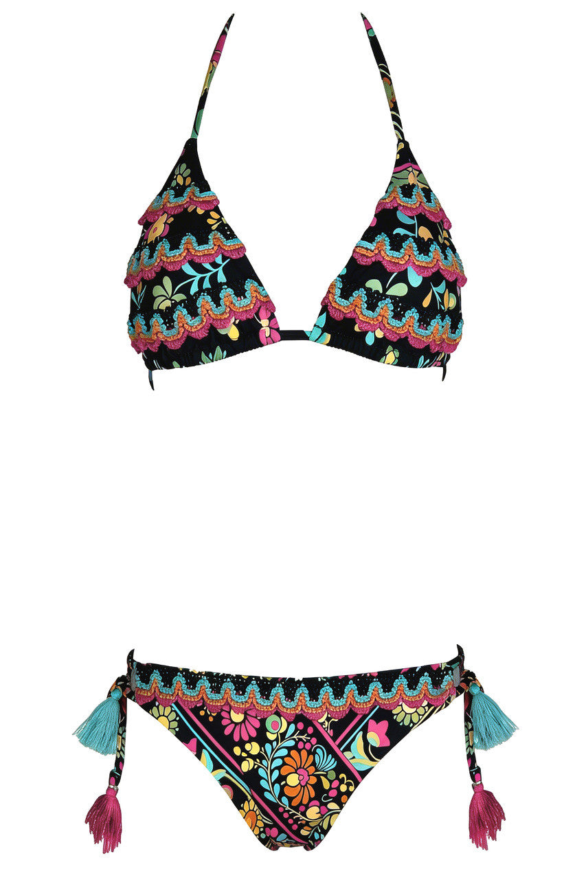 FLORAL TRIANGLE BIKINI WITH LACE EMBROIDERY AND BRAZILIAN BRIEFS