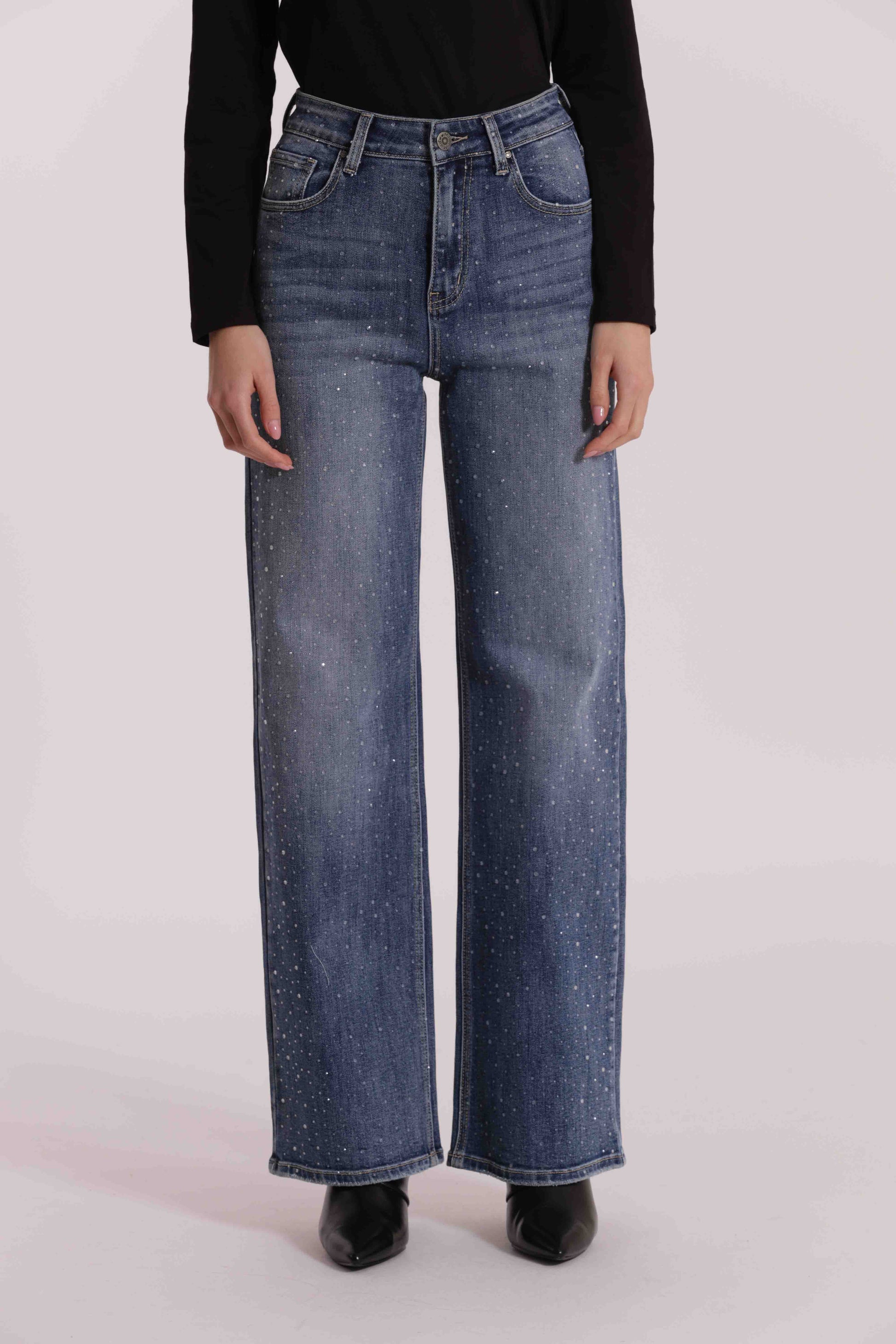 JEANS WIDE LEG CON STRASS TRASPARENTI