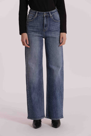JEANS WIDE LEG CON STRASS TRASPARENTI