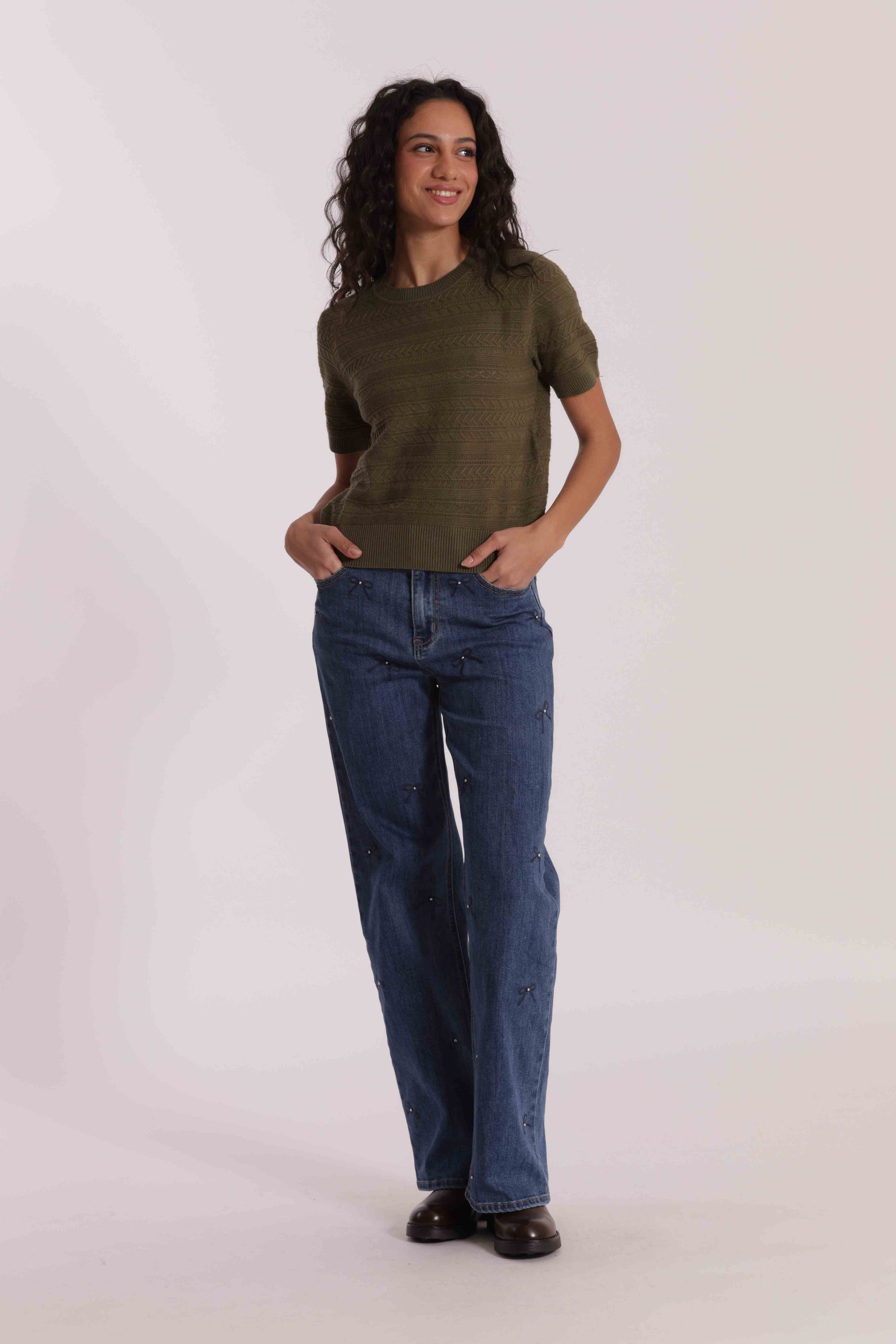 JEANS WIDE LEG CON STAMPA FIOCCO