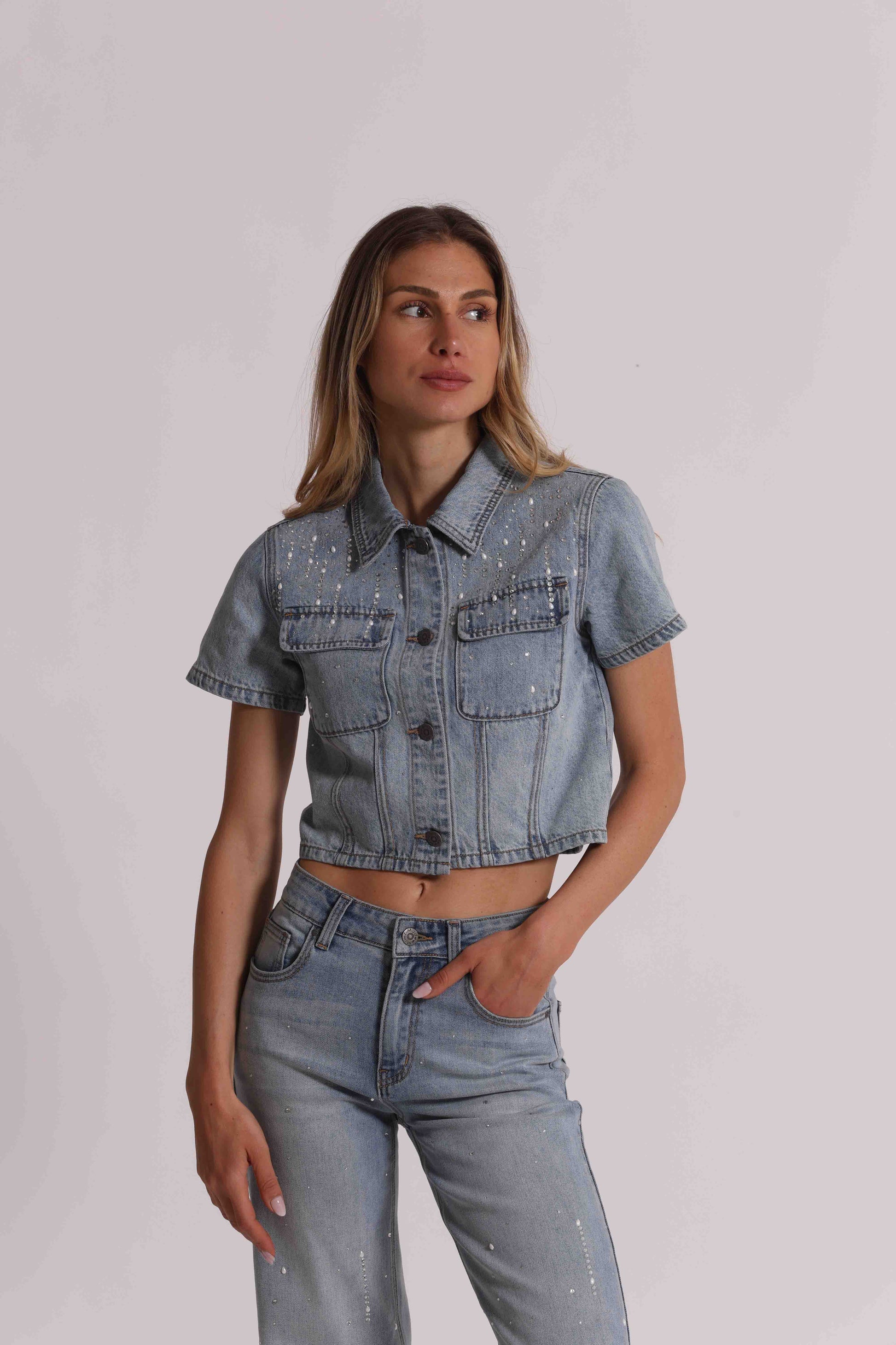 GIACCA CROPPED IN DENIM CON PIOGGIA DI STRASS