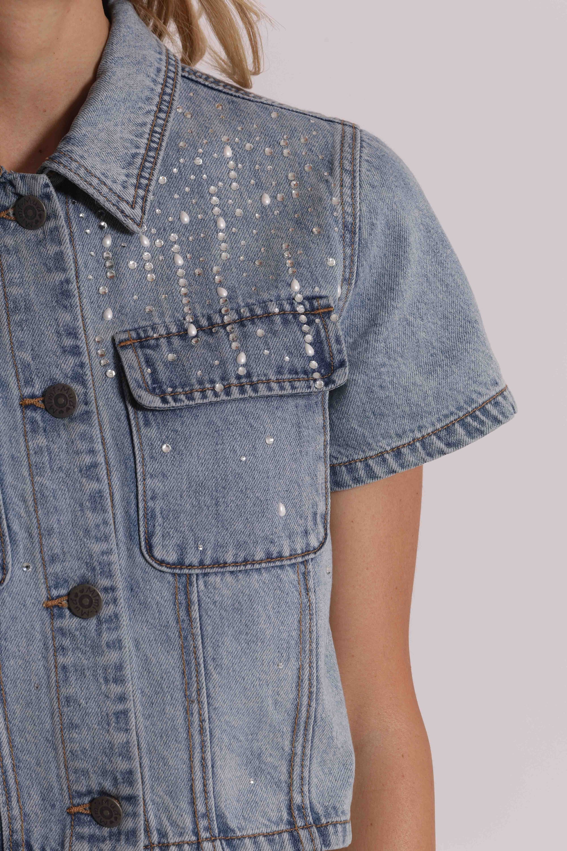 GIACCA CROPPED IN DENIM CON PIOGGIA DI STRASS