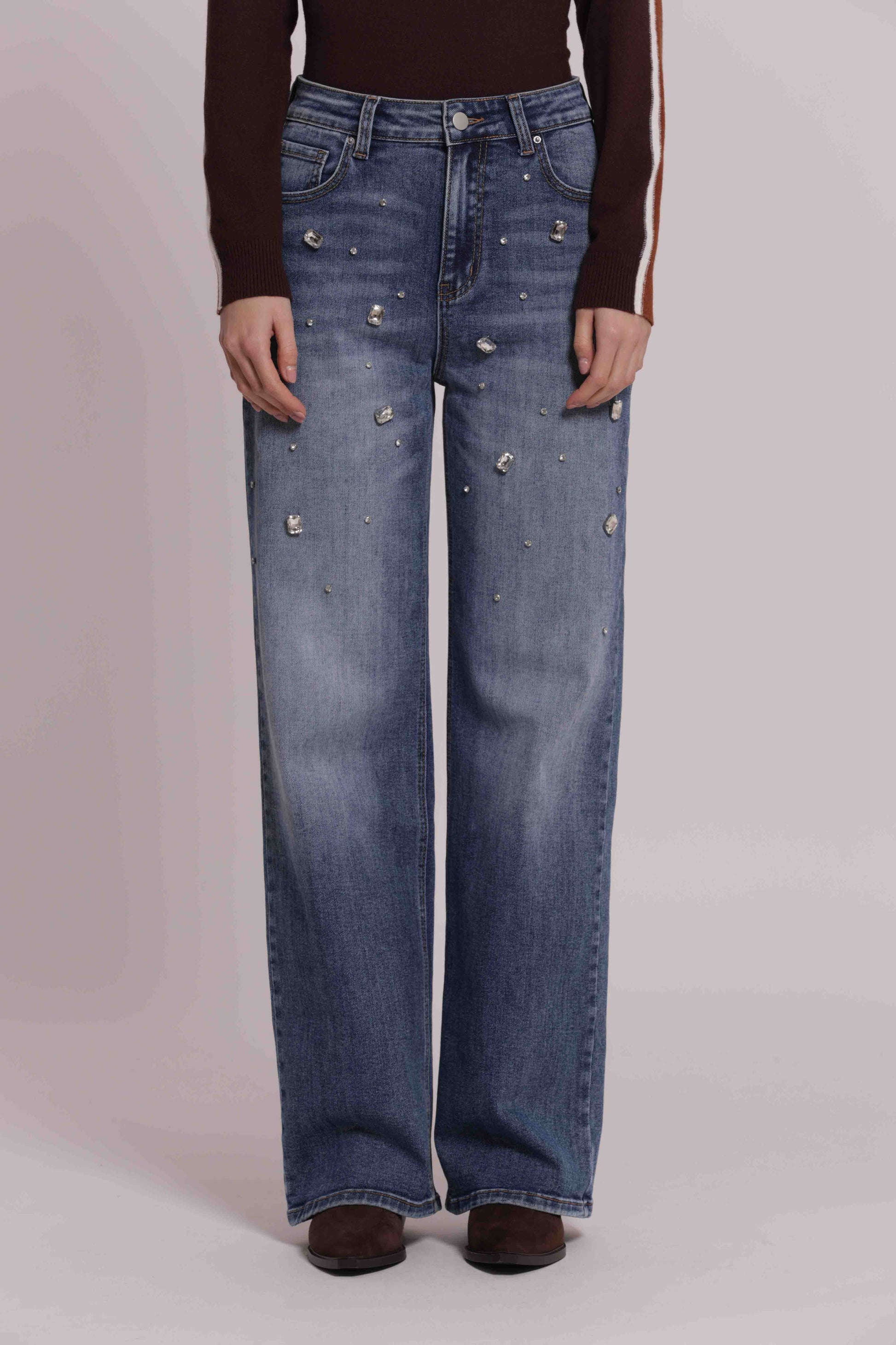 MIMI MUA FIRENZE-JEANS WIDE LEG CON CASTONI GIOIELLO