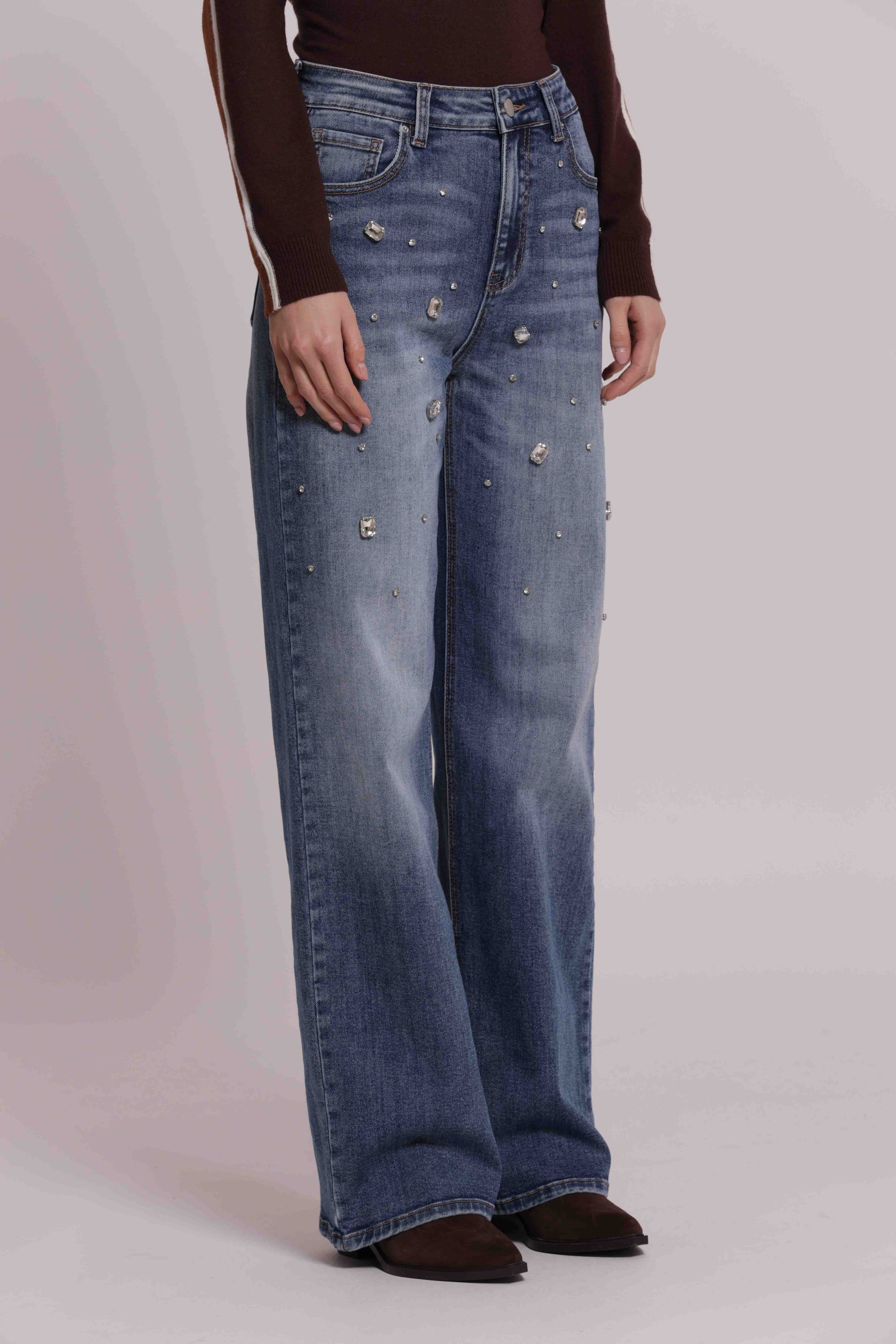 MIMI MUA FIRENZE-JEANS WIDE LEG CON CASTONI GIOIELLO