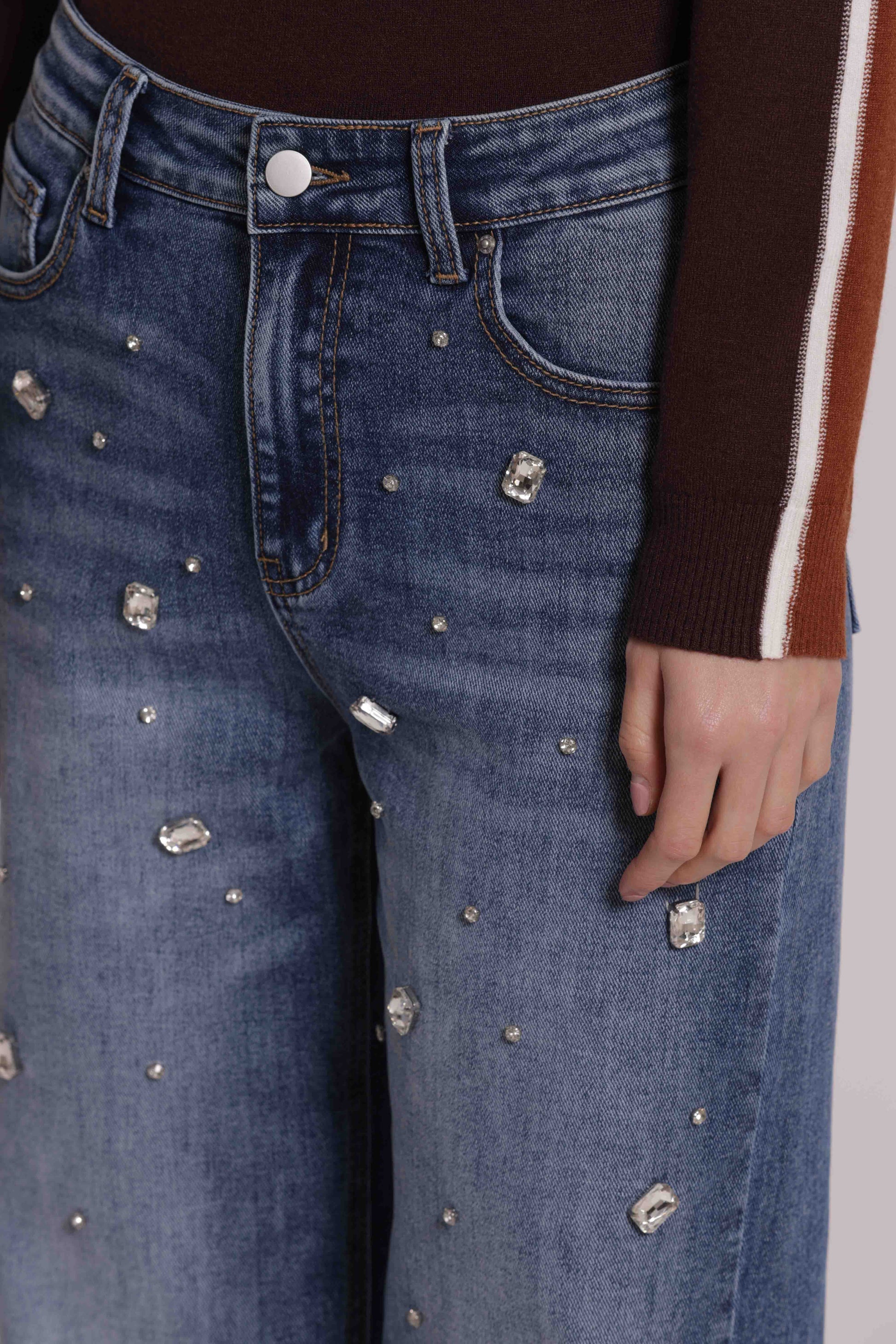 MIMI MUA FIRENZE-JEANS WIDE LEG CON CASTONI GIOIELLO