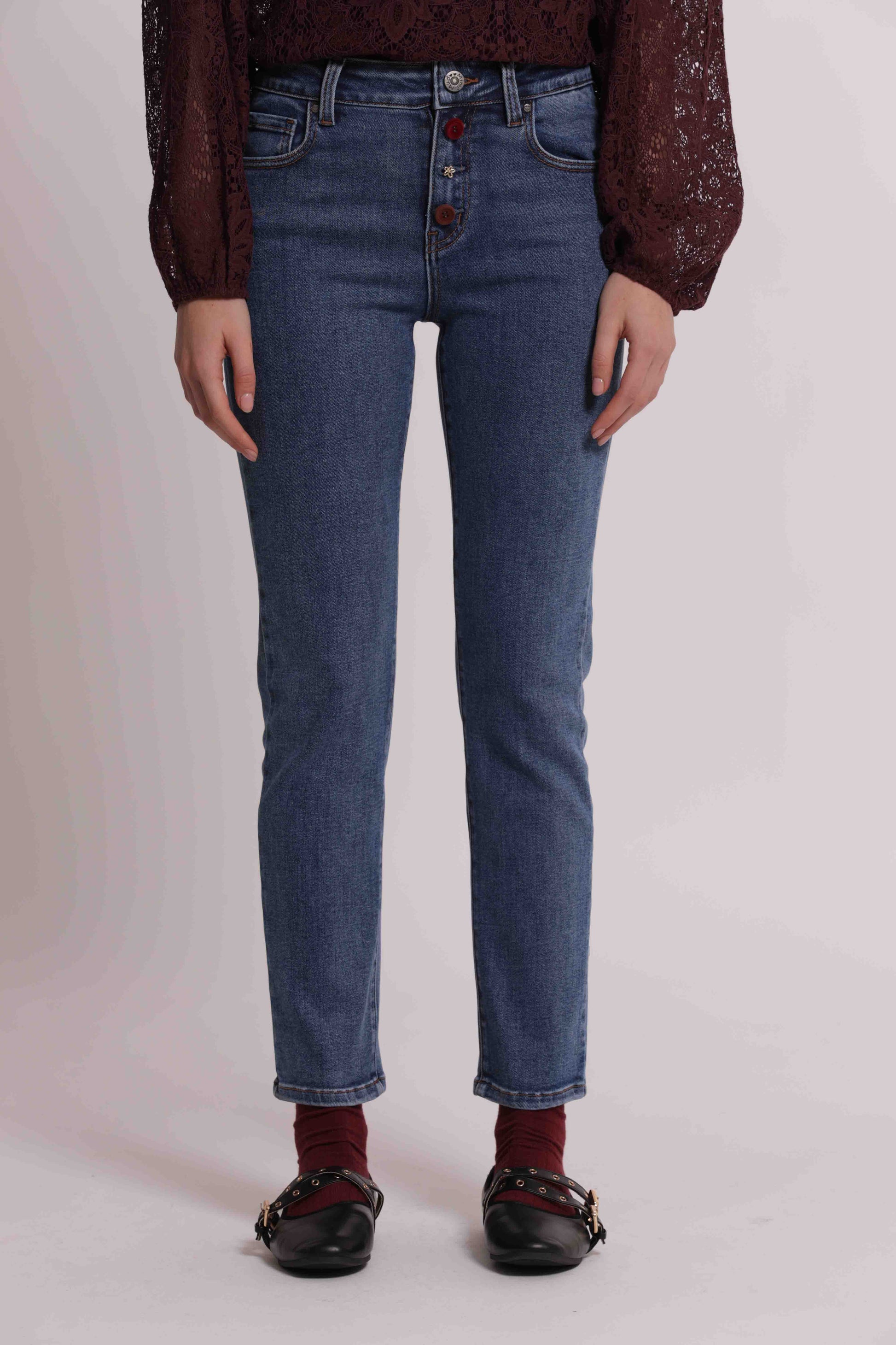 MIMI MUA FIRENZE-JEANS SIGARETTA CON BOTTONI VELLUTO E GIOIELLO