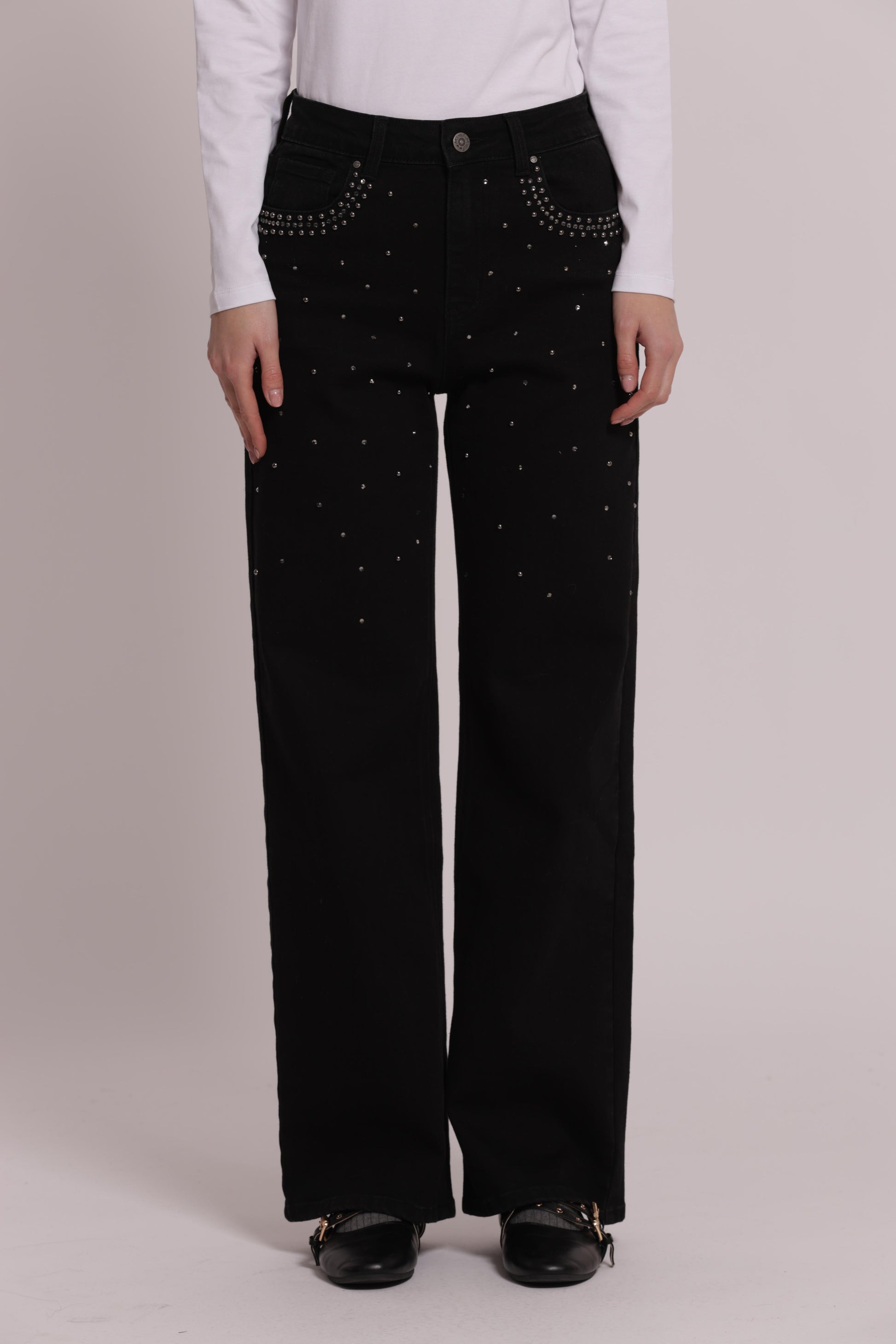 MIMI MUA FIRENZE-JEANS WIDE LEG CON BORCHIE E STRASS SULLE TASCHE