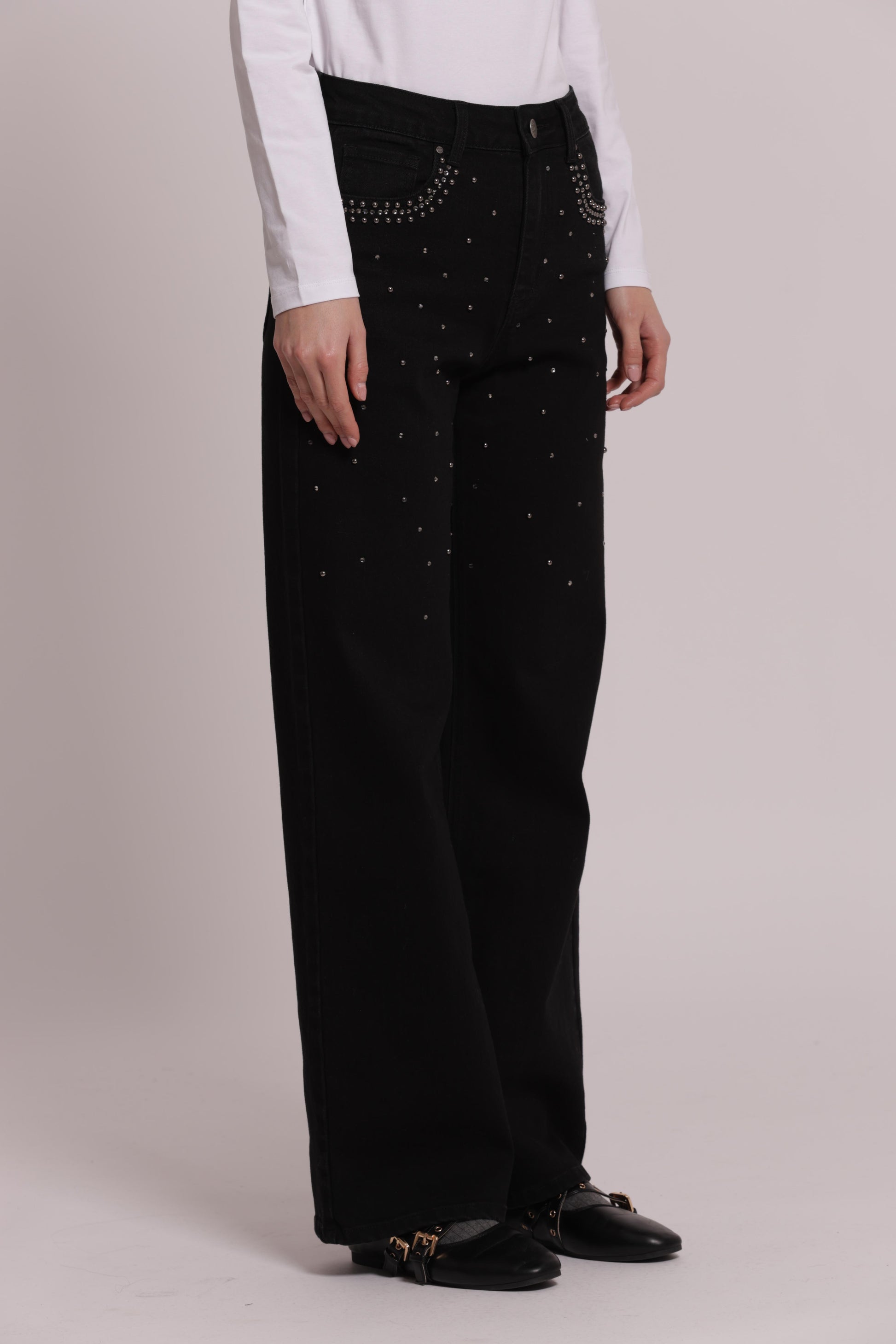 MIMI MUA FIRENZE-JEANS WIDE LEG CON BORCHIE E STRASS SULLE TASCHE