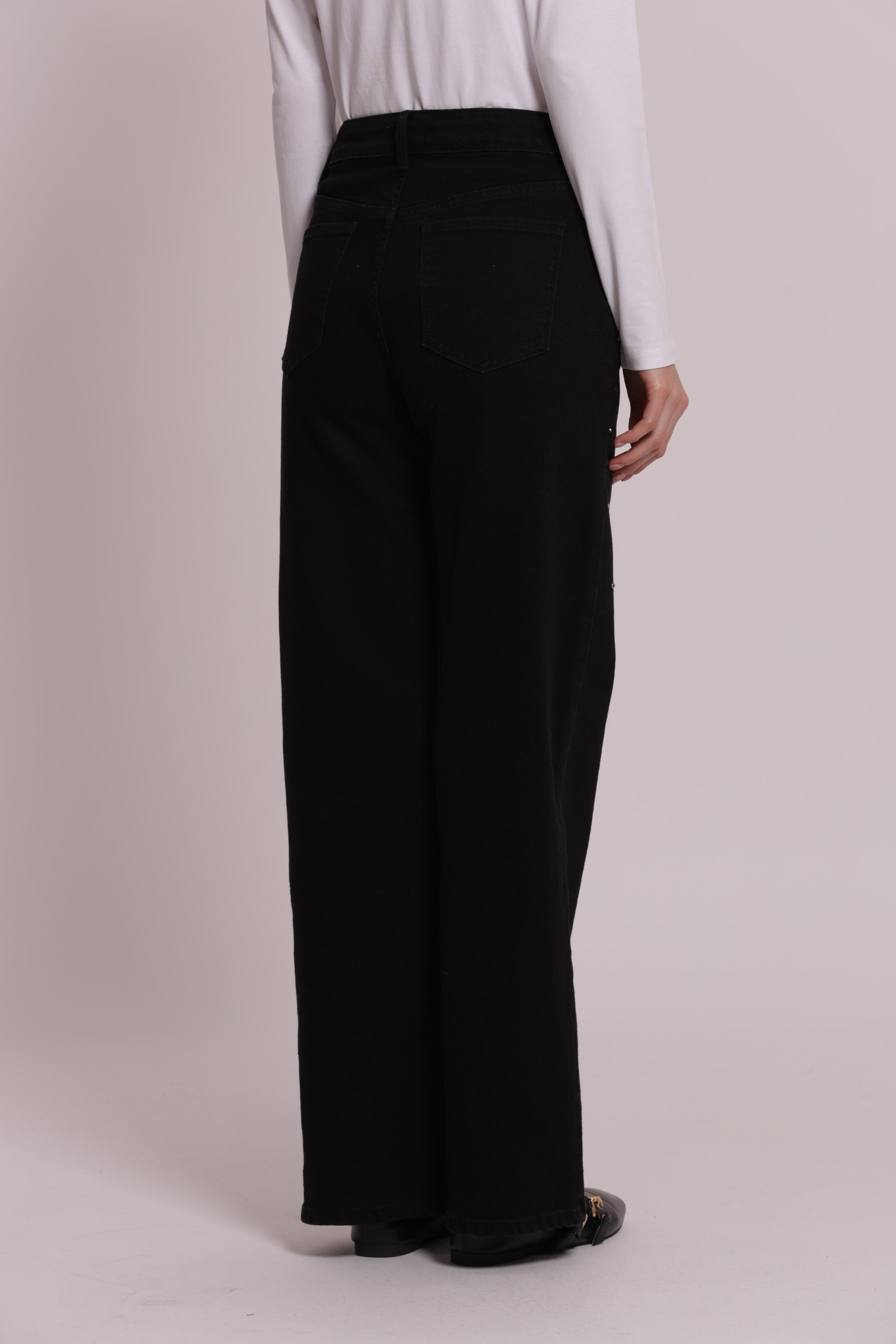 MIMI MUA FIRENZE-JEANS WIDE LEG CON BORCHIE E STRASS SULLE TASCHE