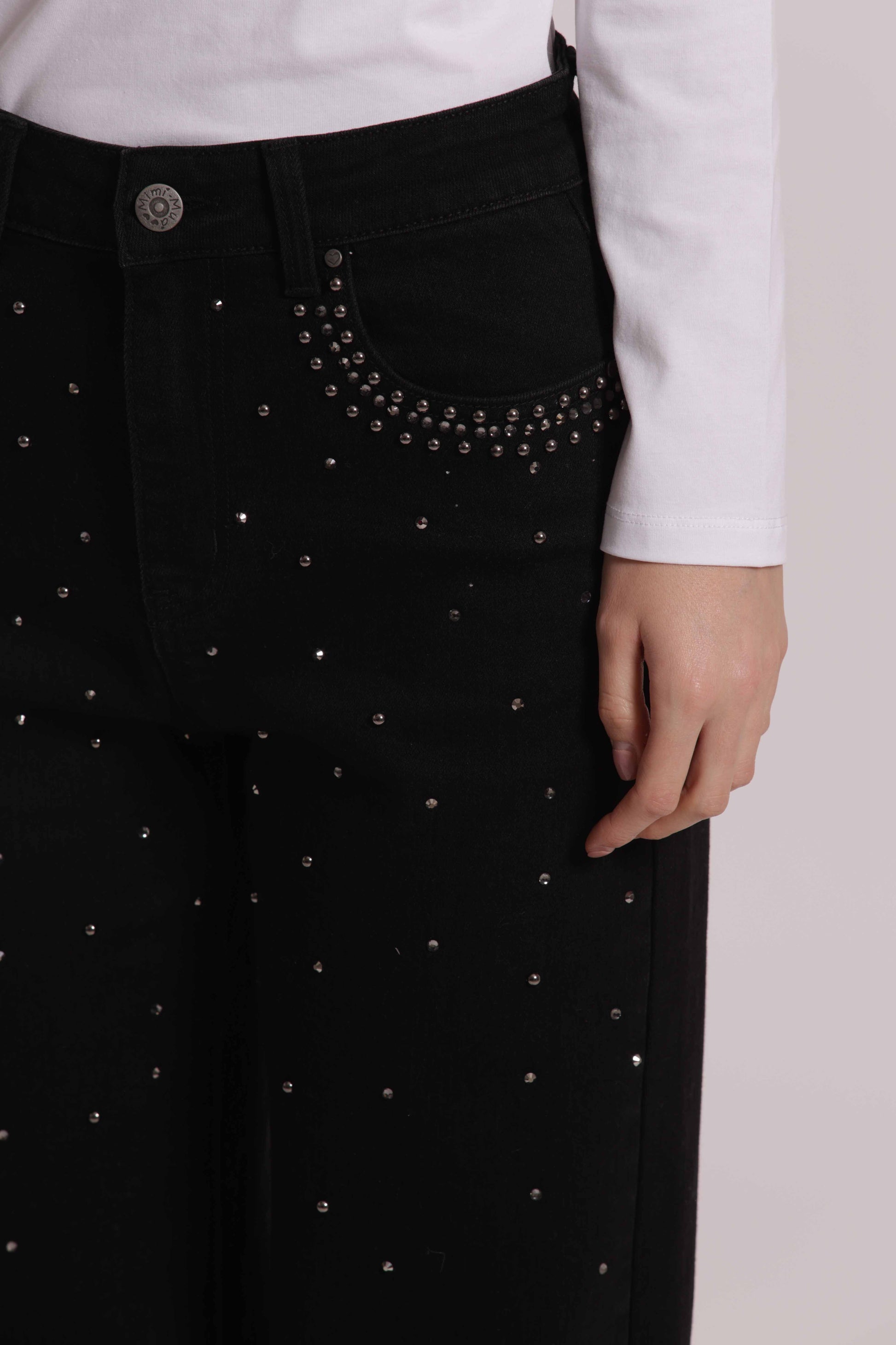 MIMI MUA FIRENZE-JEANS WIDE LEG CON BORCHIE E STRASS SULLE TASCHE