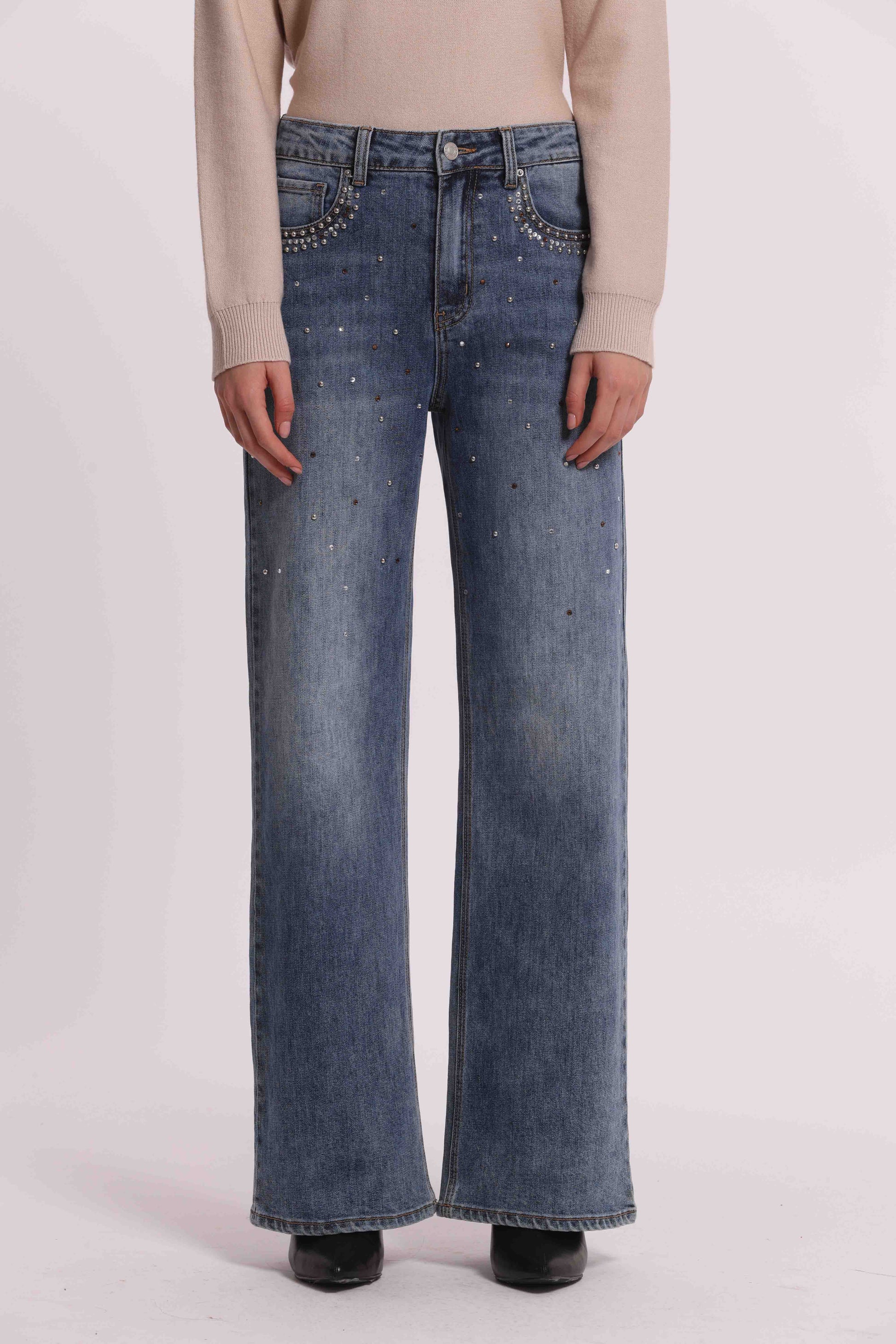 MIMI MUA FIRENZE-JEANS WIDE LEG CON BORCHIE E STRASS SULLE TASCHE