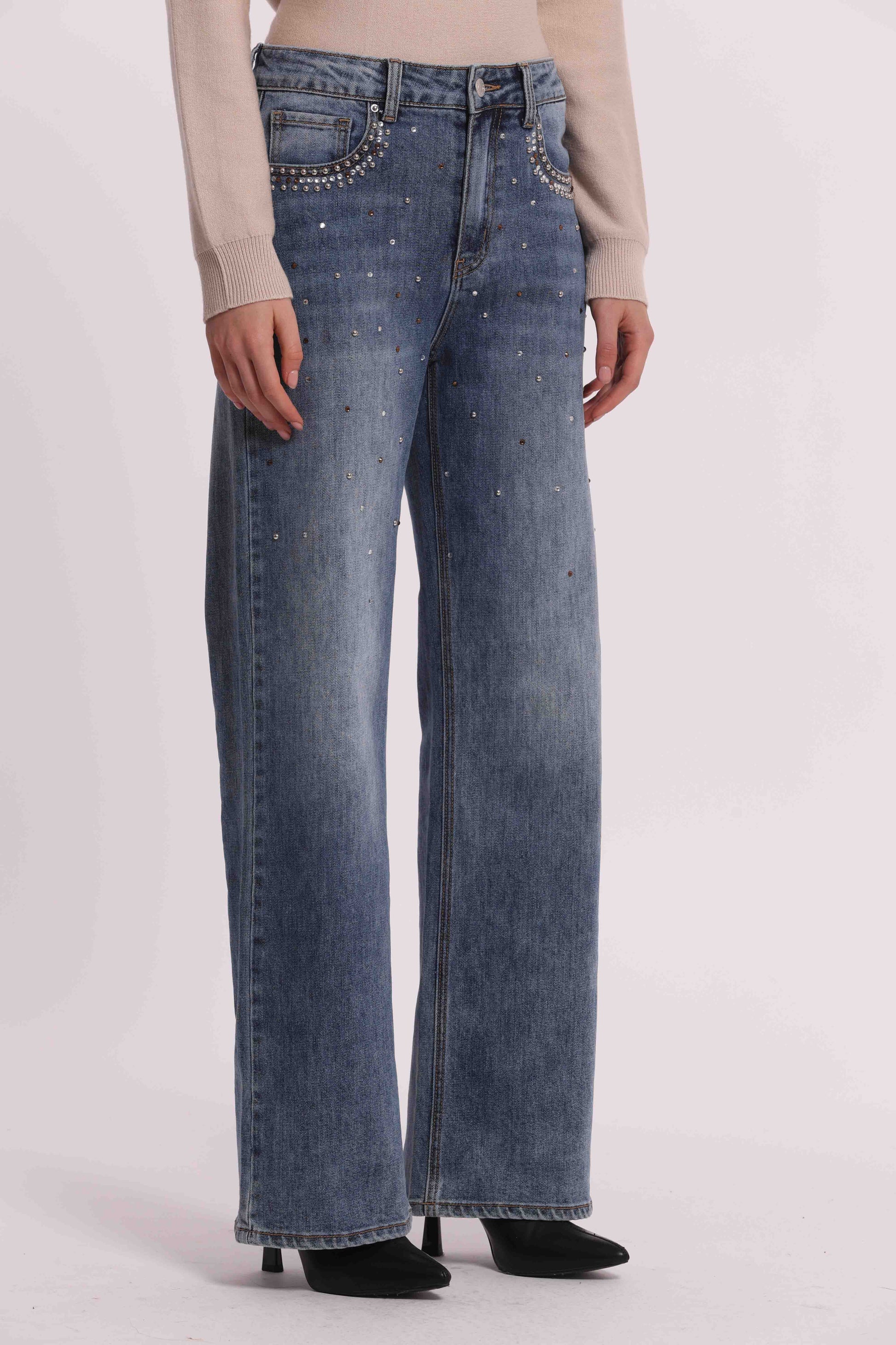 MIMI MUA FIRENZE-JEANS WIDE LEG CON BORCHIE E STRASS SULLE TASCHE