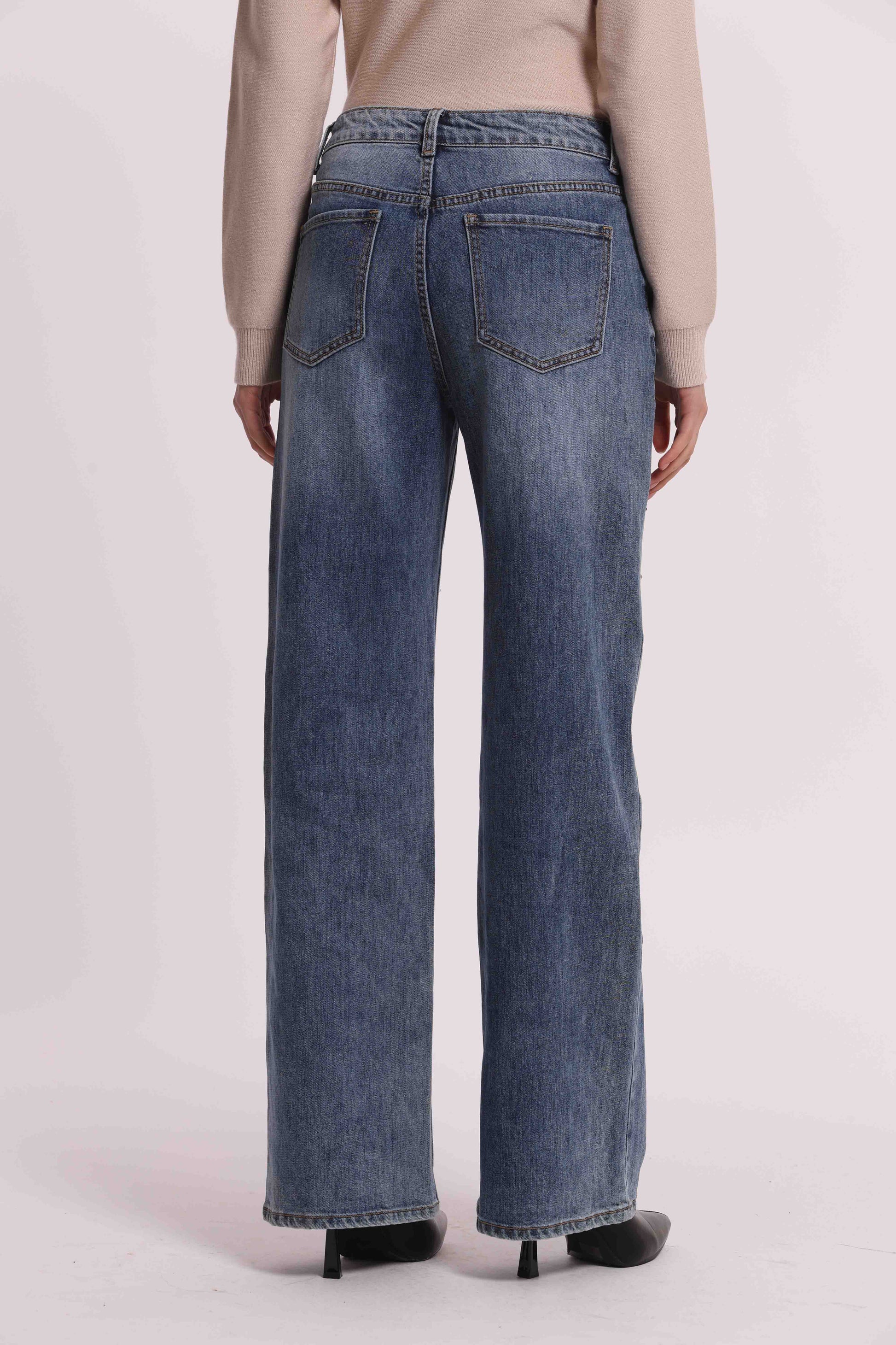 MIMI MUA FIRENZE-JEANS WIDE LEG CON BORCHIE E STRASS SULLE TASCHE