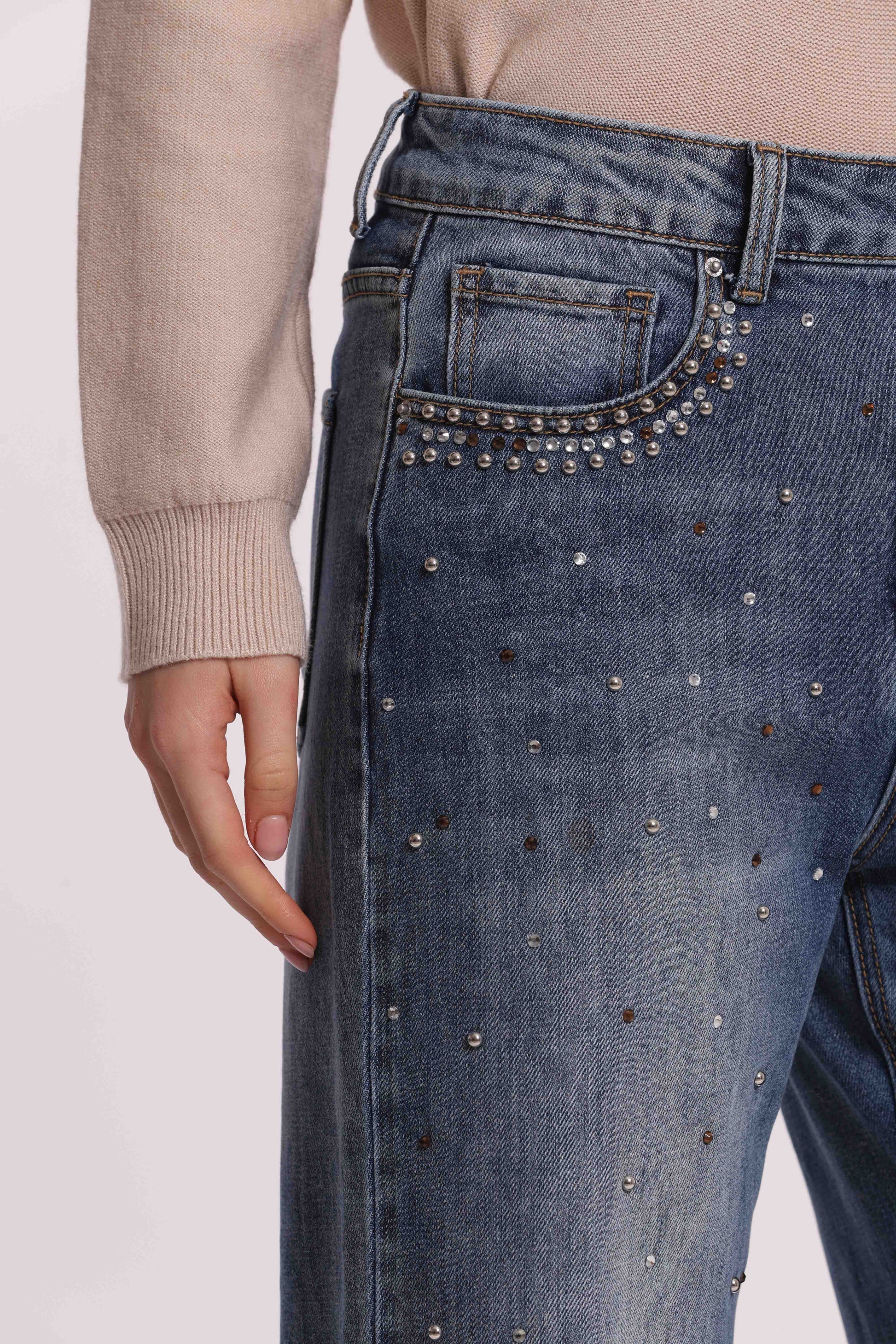 MIMI MUA FIRENZE-JEANS WIDE LEG CON BORCHIE E STRASS SULLE TASCHE