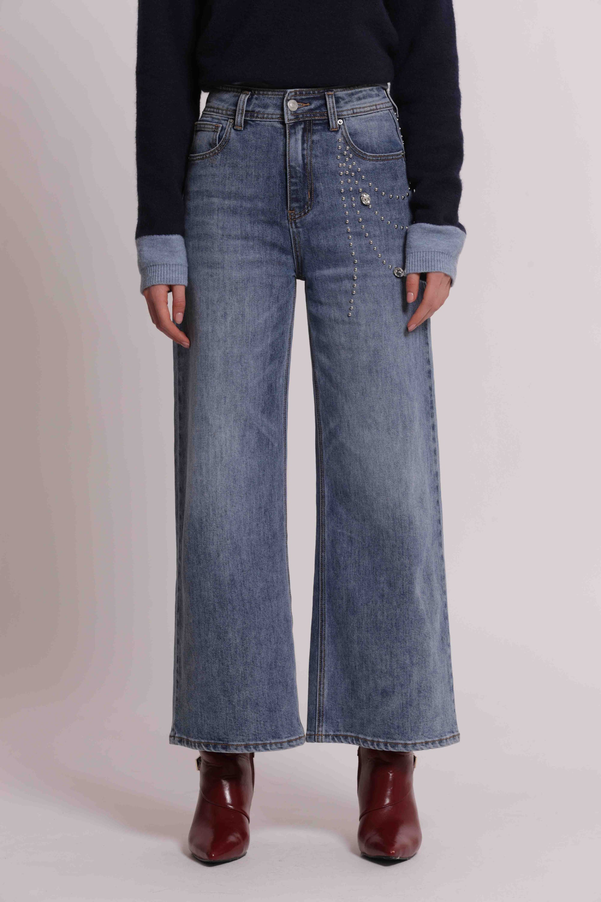 MIMI MUA FIRENZE-JEANS PALAZZO CON APPLICAZIONI LATERALI