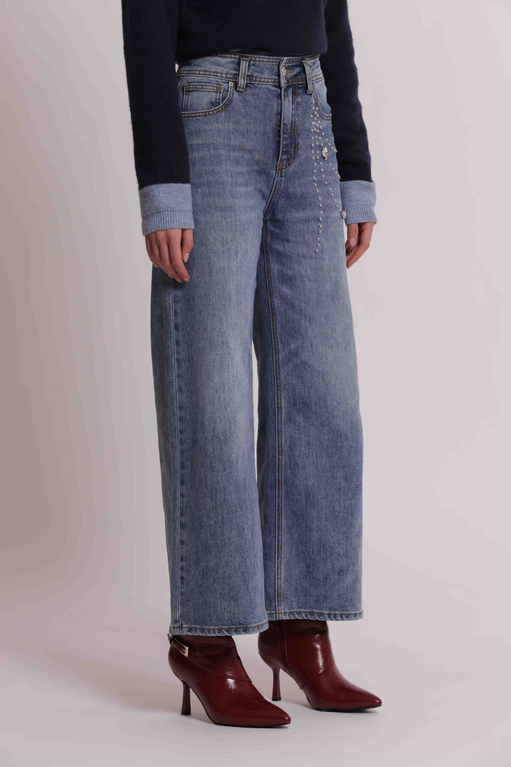 MIMI MUA FIRENZE-JEANS PALAZZO CON APPLICAZIONI LATERALI