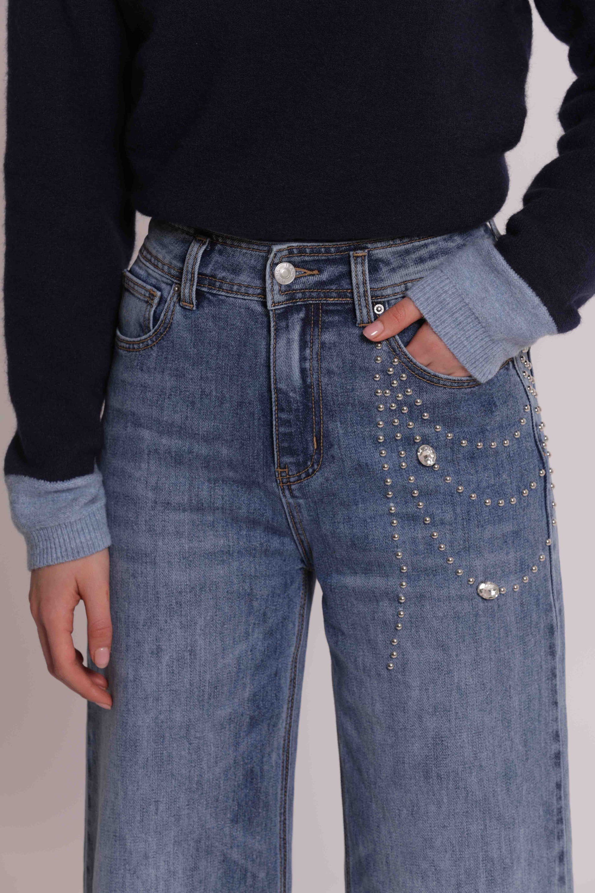 MIMI MUA FIRENZE-JEANS PALAZZO CON APPLICAZIONI LATERALI