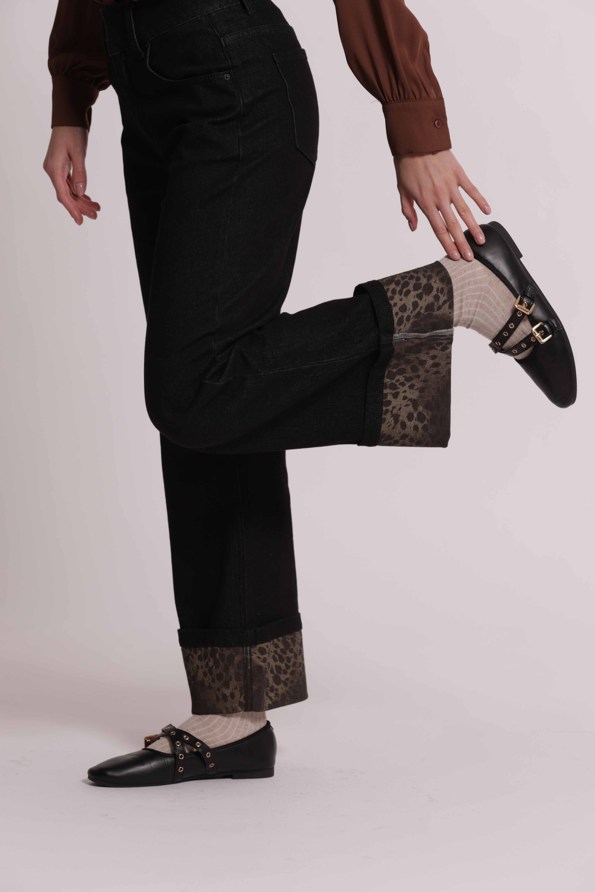 MIMI MUA FIRENZE-JEANS CON RISVOLTO STAMPATO ANIMALIER